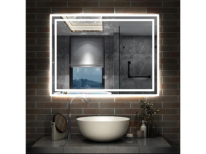 AICA Miroir LED 80x60cm avec éclairage intégré, Miroir de salle de bain avec anti-buée, Modèle double contour