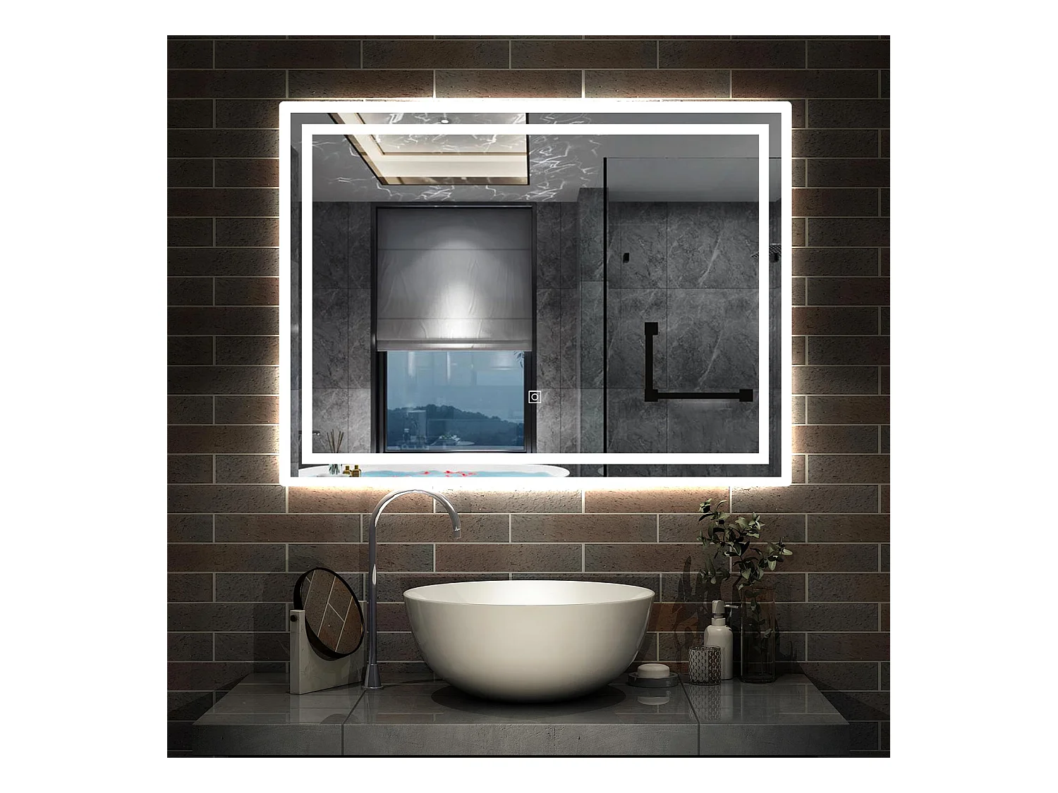 AICA Miroir LED 80x60cm avec éclairage intégré, Miroir de salle de bain avec anti-buée, Modèle double contour