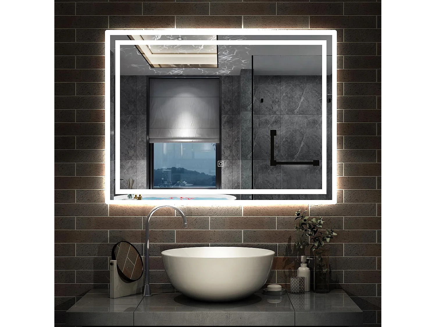 AICA Miroir LED 80x60cm avec éclairage intégré, Miroir de salle de bain avec anti-buée, Modèle double contour