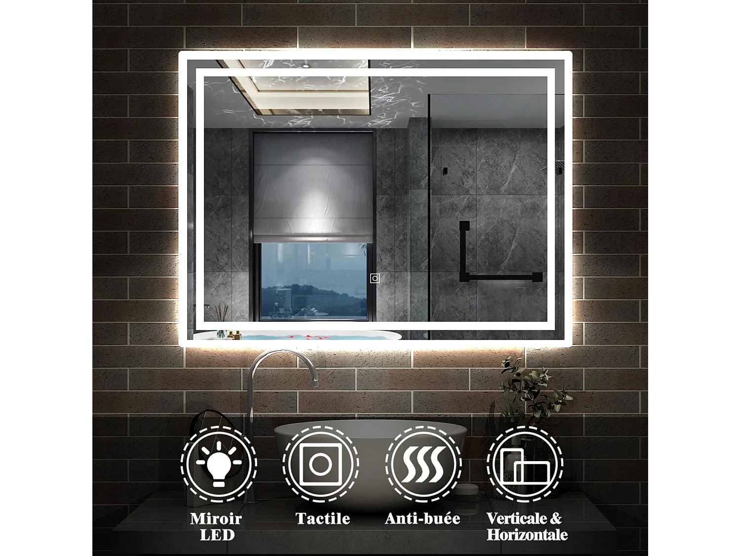 AICA Miroir LED 80x60cm avec éclairage intégré, Miroir de salle de bain avec anti-buée, Modèle double contour