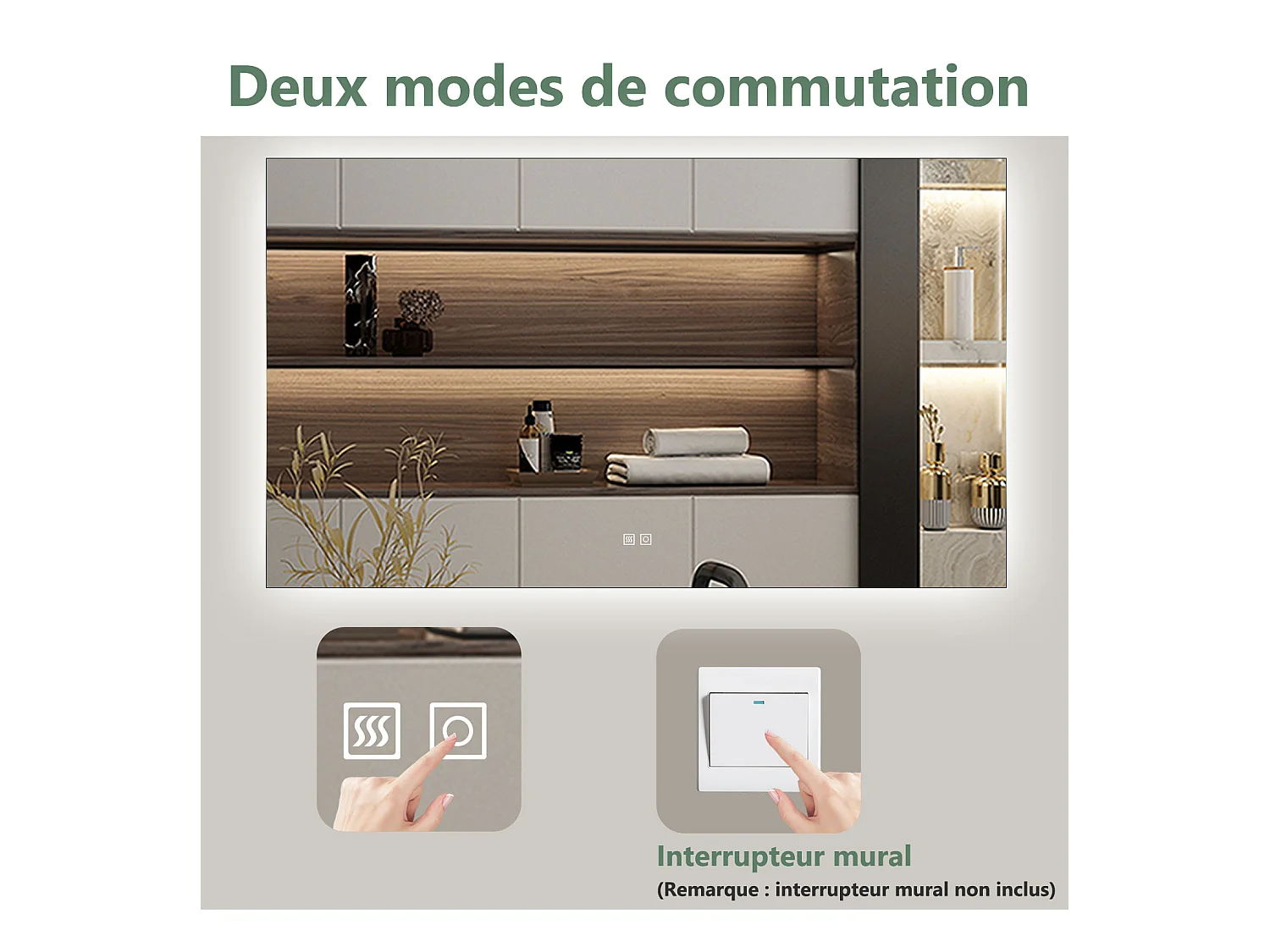 Miroir LED 120x70cm avec Anti-buée + 3 Couleurs + Dimmable, Mural Miroir salle de bain