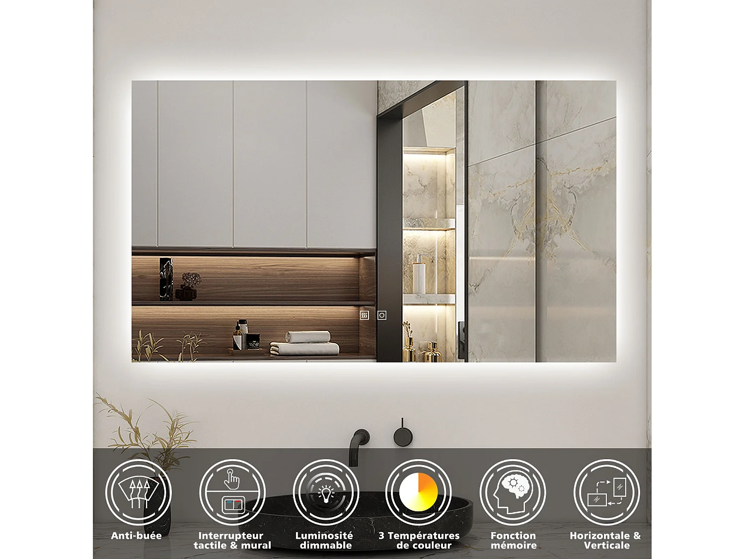 Miroir LED 120x70cm avec Anti-buée + 3 Couleurs + Dimmable, Mural Miroir salle de bain