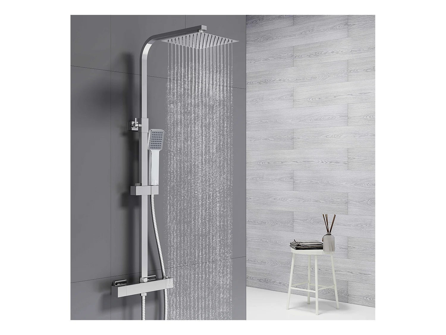 Colonne de douche thermostatique AICA- Ensemble de douche carrée en acier inoxydable- Système douche réglable en hauteur- Chromé