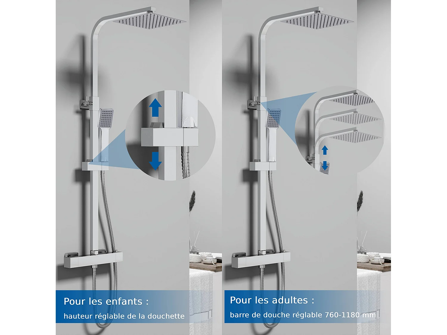 Colonne de douche thermostatique AICA- Ensemble de douche carrée en acier inoxydable- Système douche réglable en hauteur- Chromé