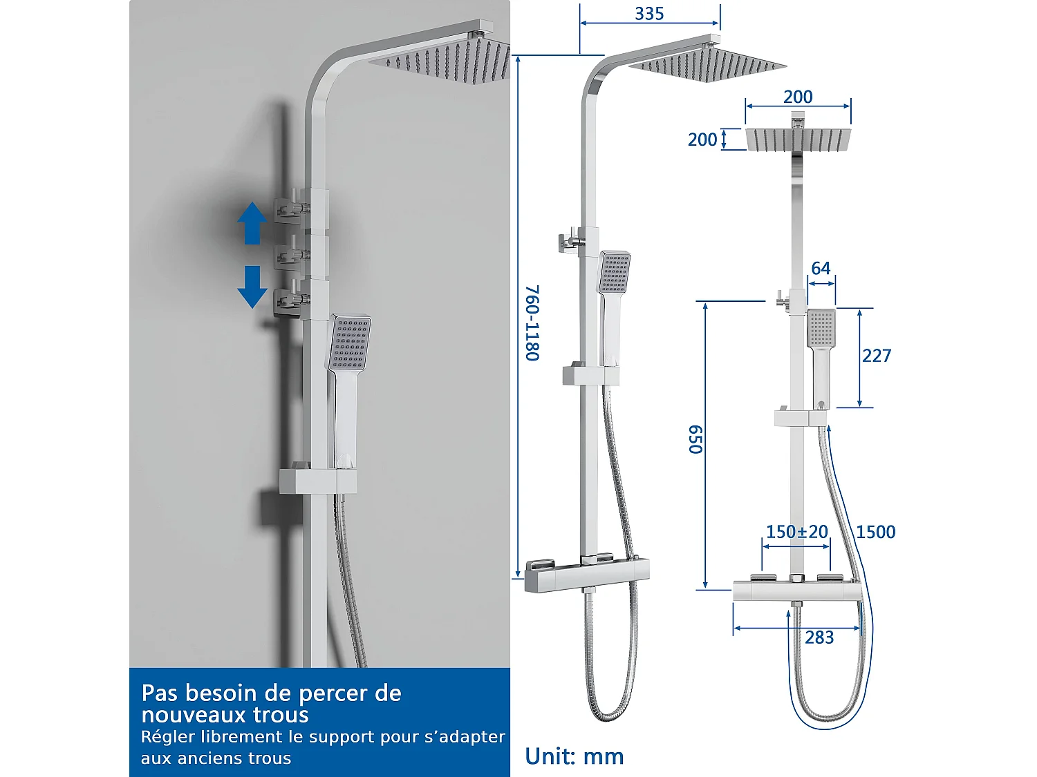 Colonne de douche thermostatique AICA- Ensemble de douche carrée en acier inoxydable- Système douche réglable en hauteur- Chromé