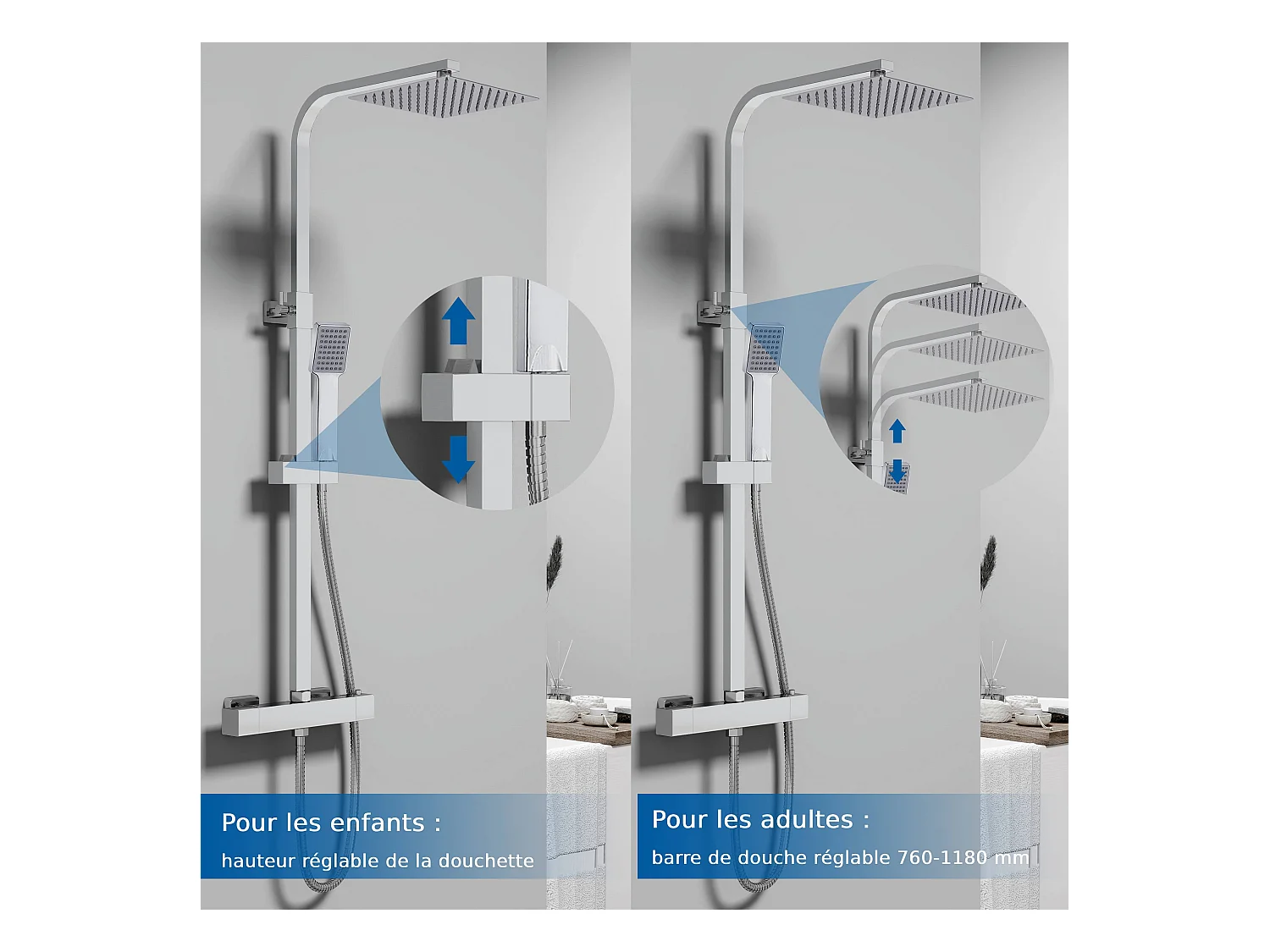 Colonne de douche thermostatique AICA- Ensemble de douche carrée en acier inoxydable- Système douche réglable en hauteur- Chromé
