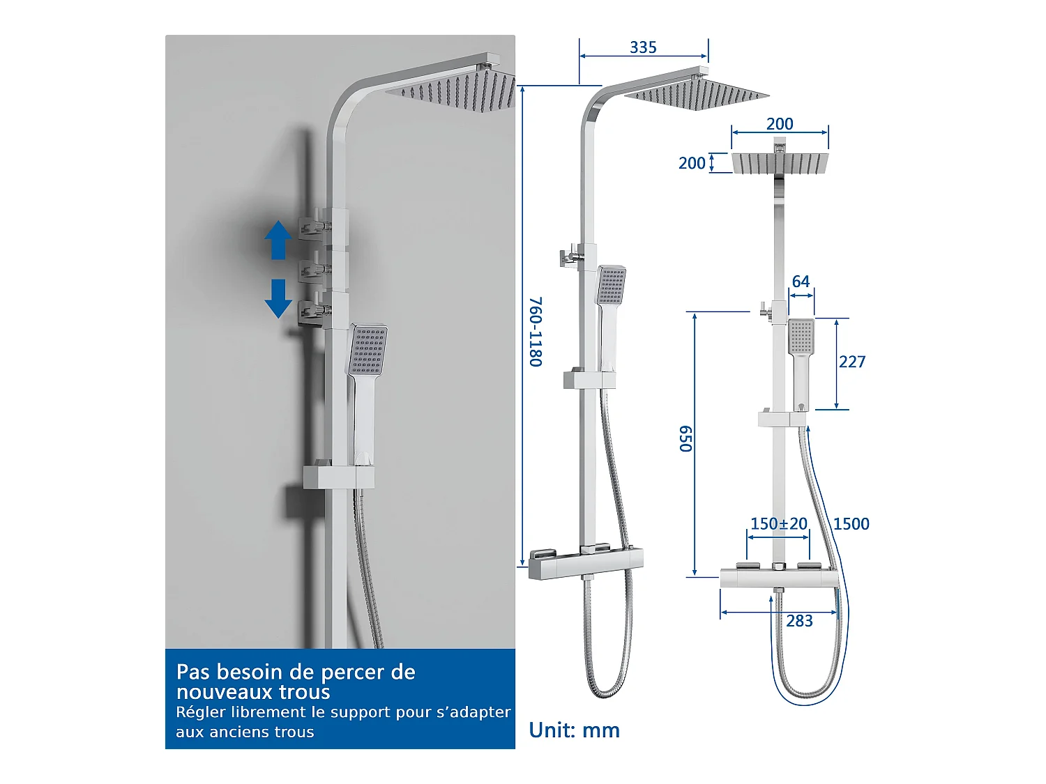 Colonne de douche thermostatique AICA- Ensemble de douche carrée en acier inoxydable- Système douche réglable en hauteur- Chromé