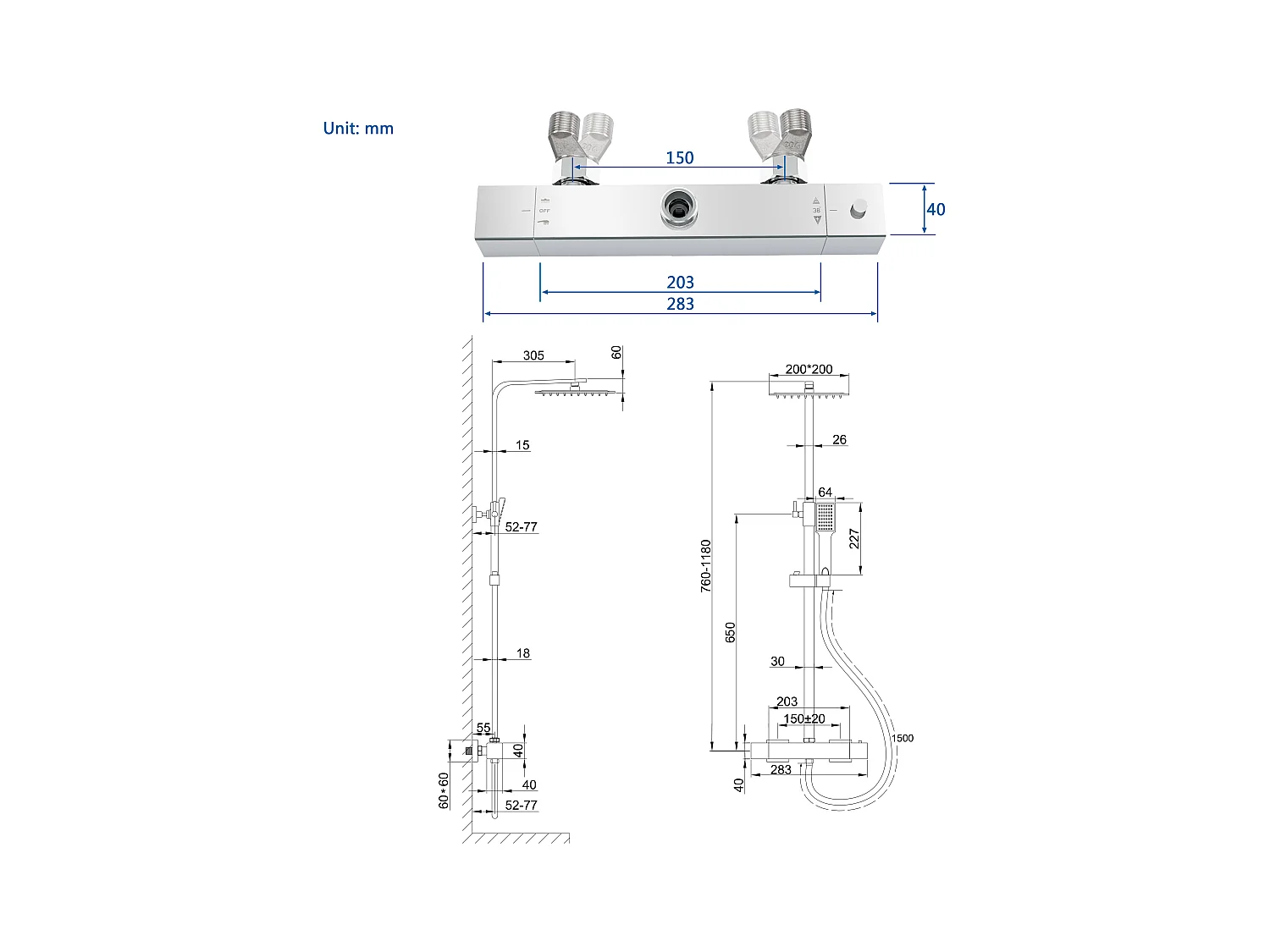 Colonne de douche thermostatique AICA- Ensemble de douche carrée en acier inoxydable- Système douche réglable en hauteur- Chromé