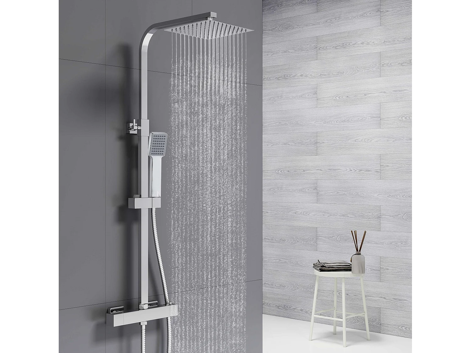 Colonne de douche thermostatique AICA- Ensemble de douche carrée en acier inoxydable- Système douche réglable en hauteur- Chromé