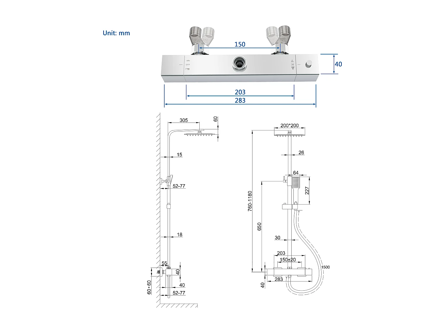 Colonne de douche thermostatique AICA- Ensemble de douche carrée en acier inoxydable- Système douche réglable en hauteur- Chromé