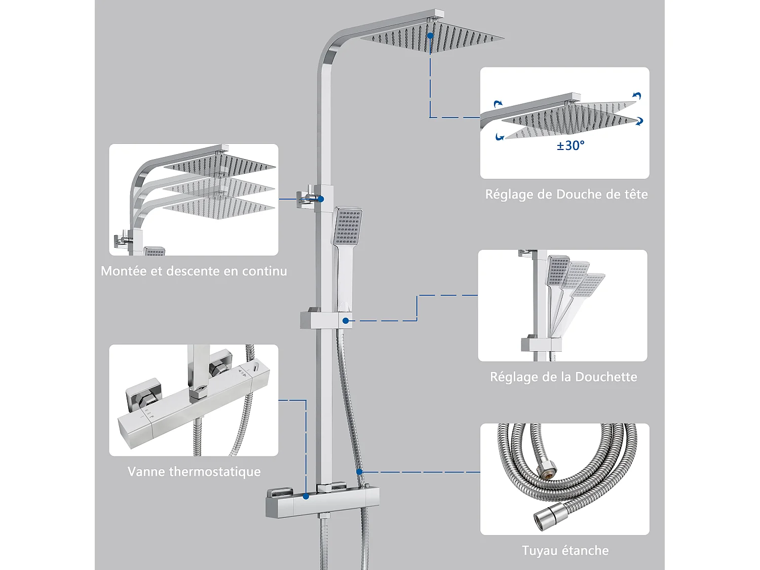 Colonne de douche thermostatique AICA- Ensemble de douche carrée en acier inoxydable- Système douche réglable en hauteur- Chromé