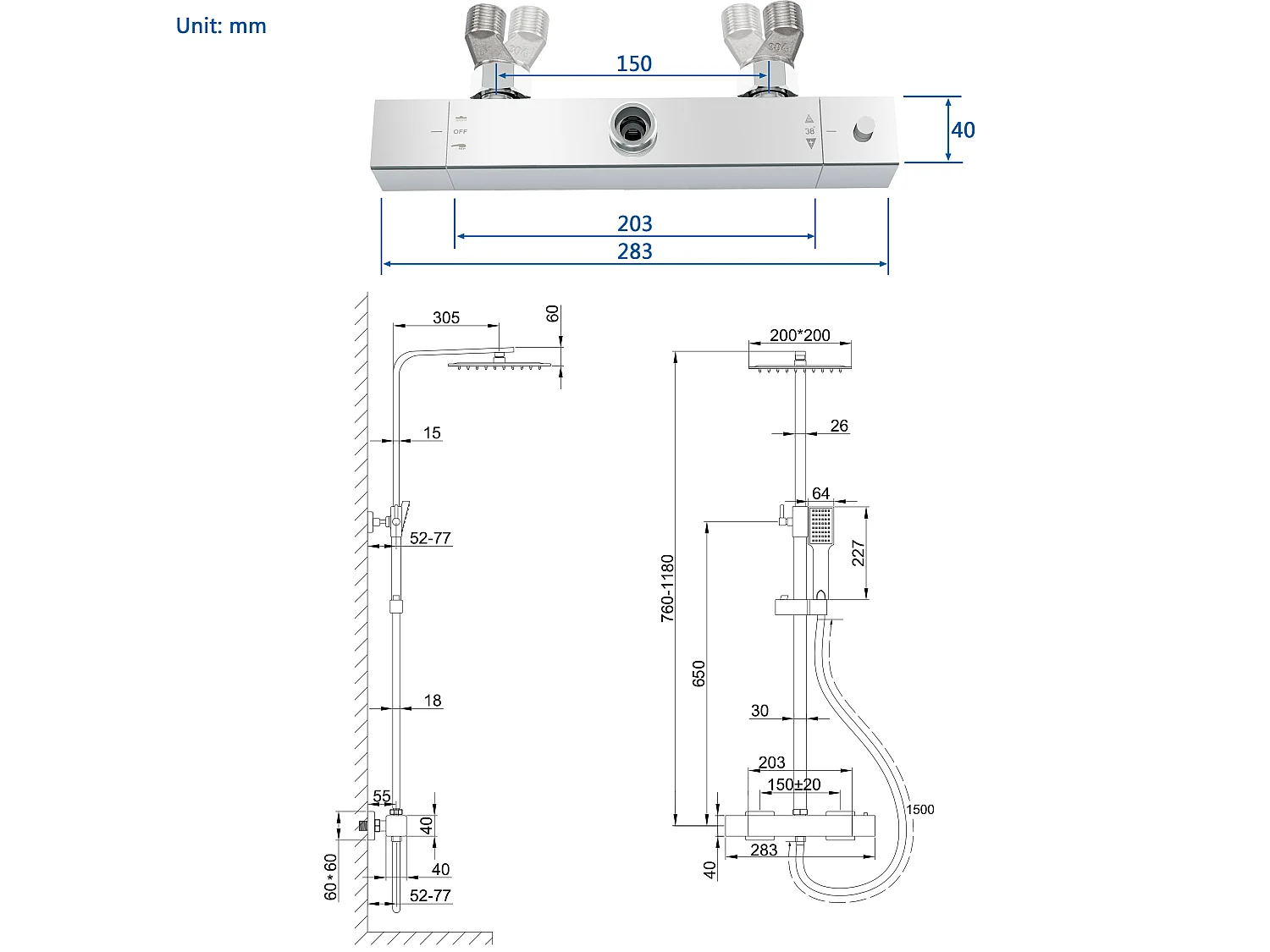 Colonne de douche thermostatique AICA- Ensemble de douche carrée en acier inoxydable- Système douche réglable en hauteur- Chromé
