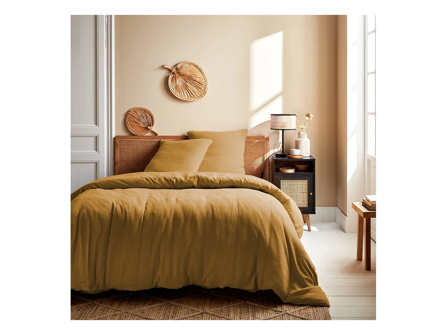 Parure de lit gaze de coton 2 places miel Alix 240x220cm