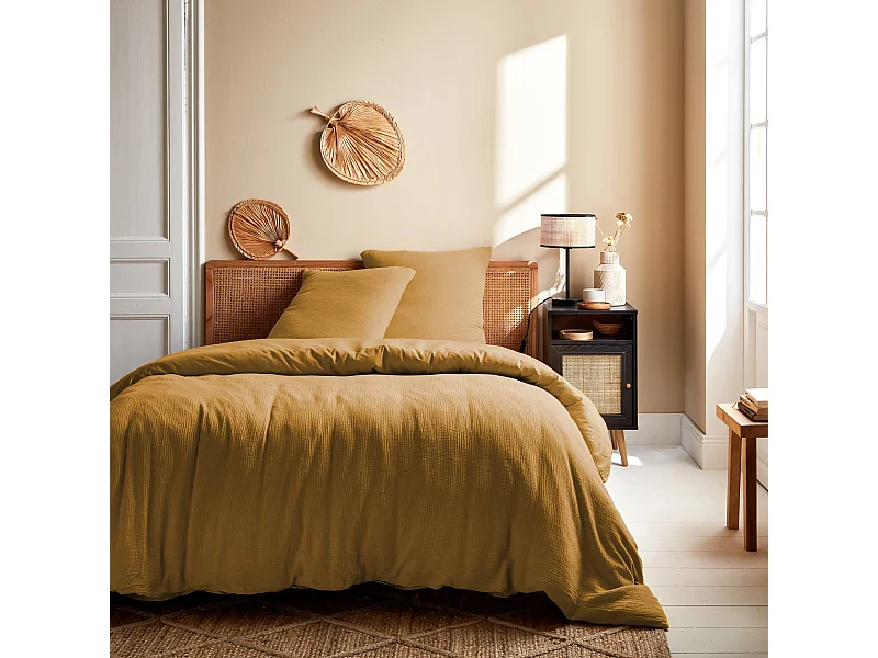 Parure de lit gaze de coton 2 places miel Alix 240x220cm