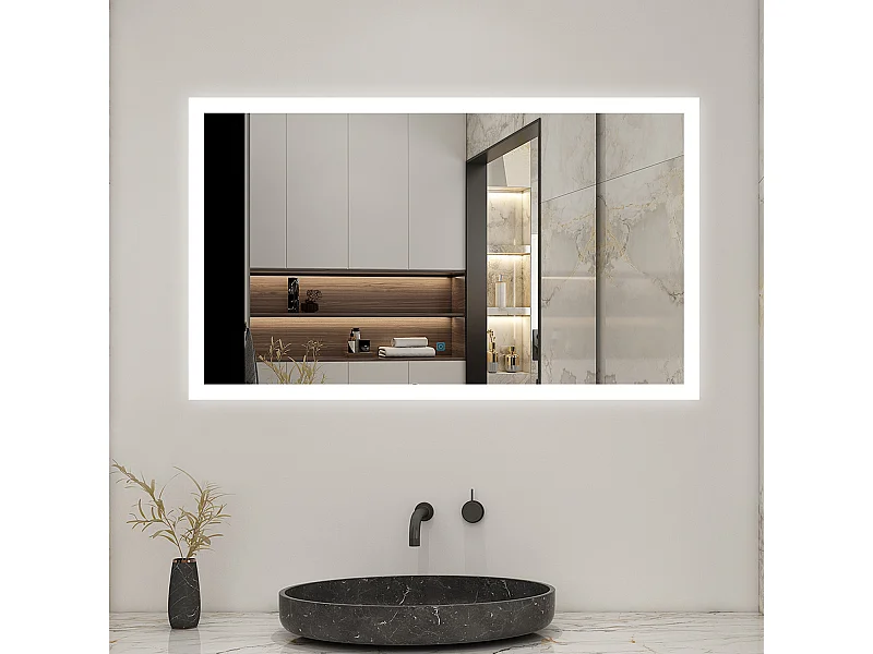 AICA Miroir LED 100x60cm avec éclairage intégré avec anti-buée, Modèle soleil