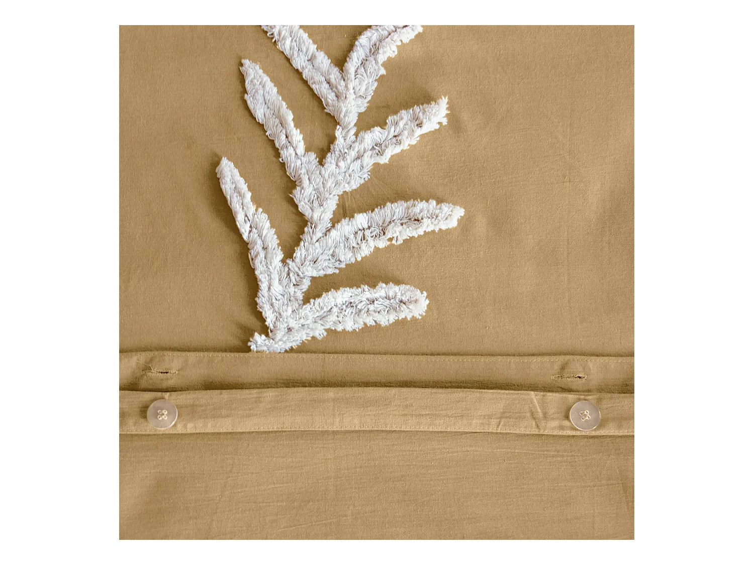 Parure de lit coton lavé tufté motifs végétaux 2 places moutarde. 1 housse 260x240cm + 2 taies 63x63cm