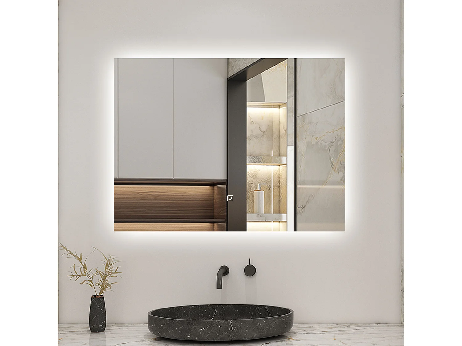 Miroir LED 80x60cm avec Anti-buée + Dimmable, Mural Miroir salle de bain