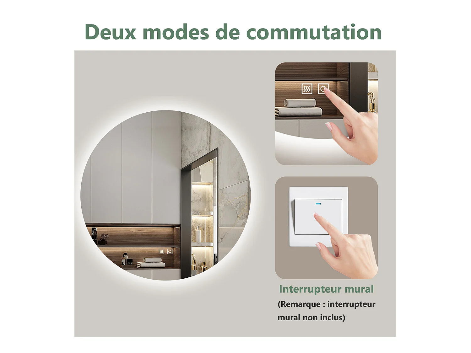 Miroir LED Rond 100cm avec Anti-buée + 3 Couleurs + Dimmable, Mural Miroir salle de bain