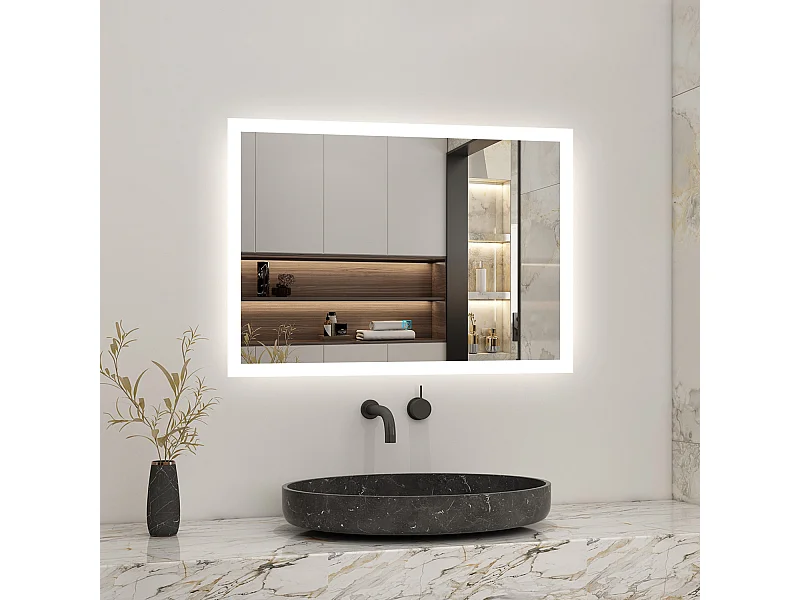 AICA Miroir LED 80x60cm avec éclairage intégré avec anti-buée, Modèle soleil
