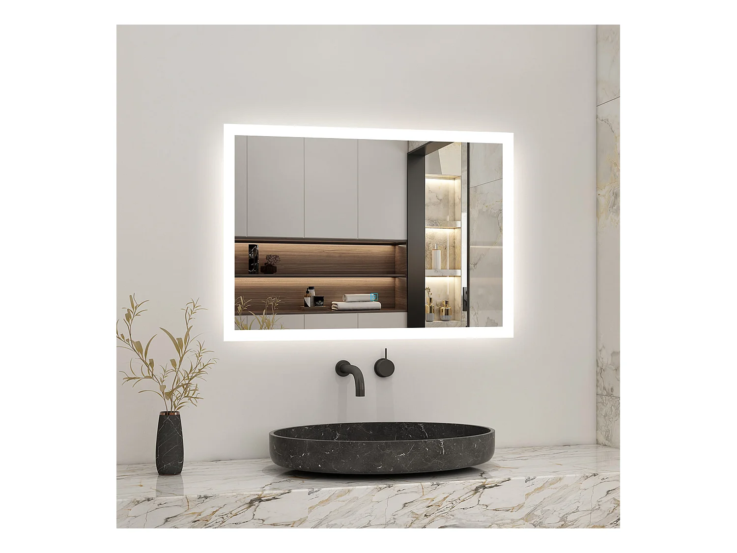 AICA Miroir LED 80x60cm avec éclairage intégré avec anti-buée, Modèle soleil