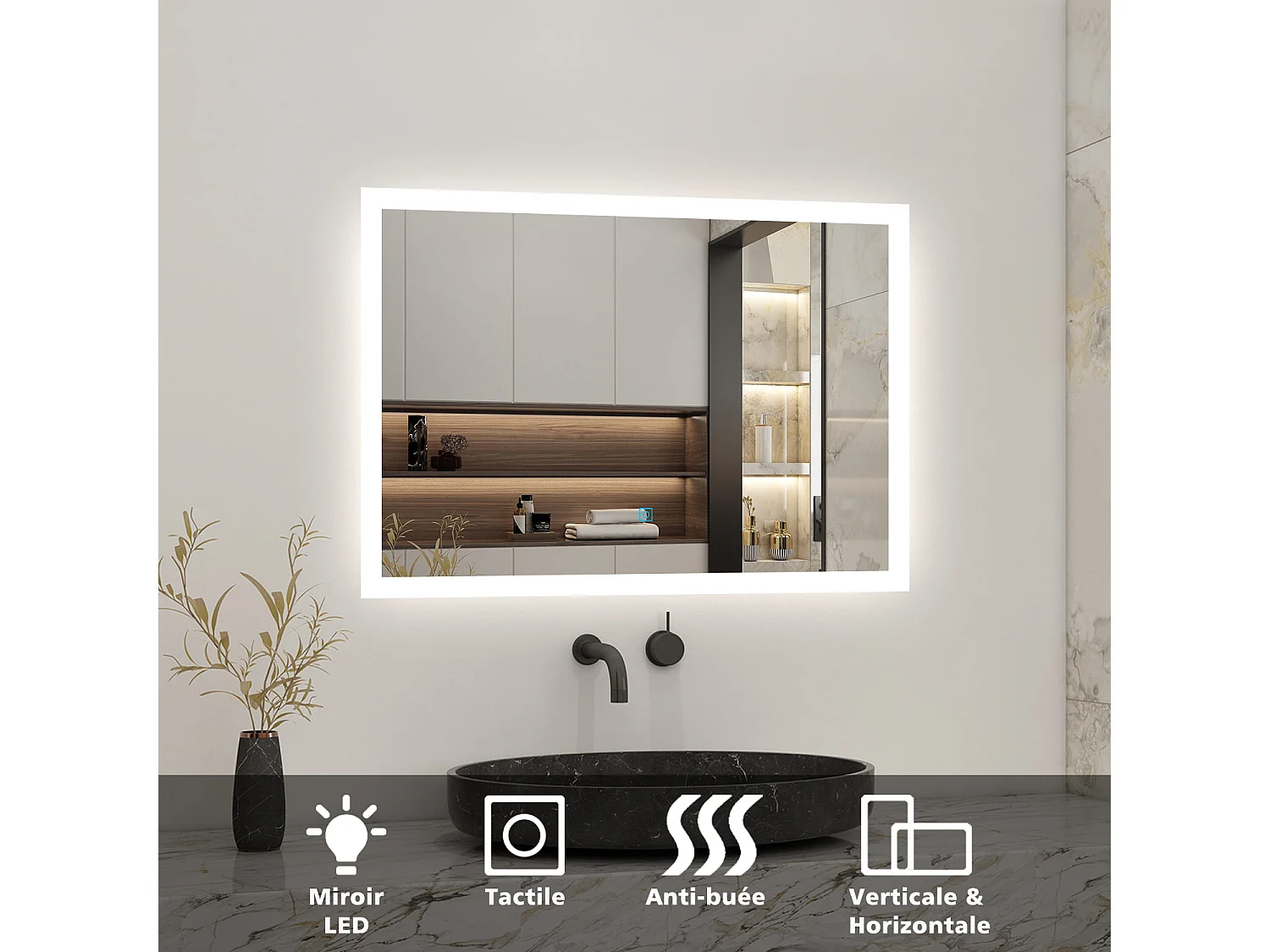 AICA Miroir LED 80x60cm avec éclairage intégré avec anti-buée, Modèle soleil