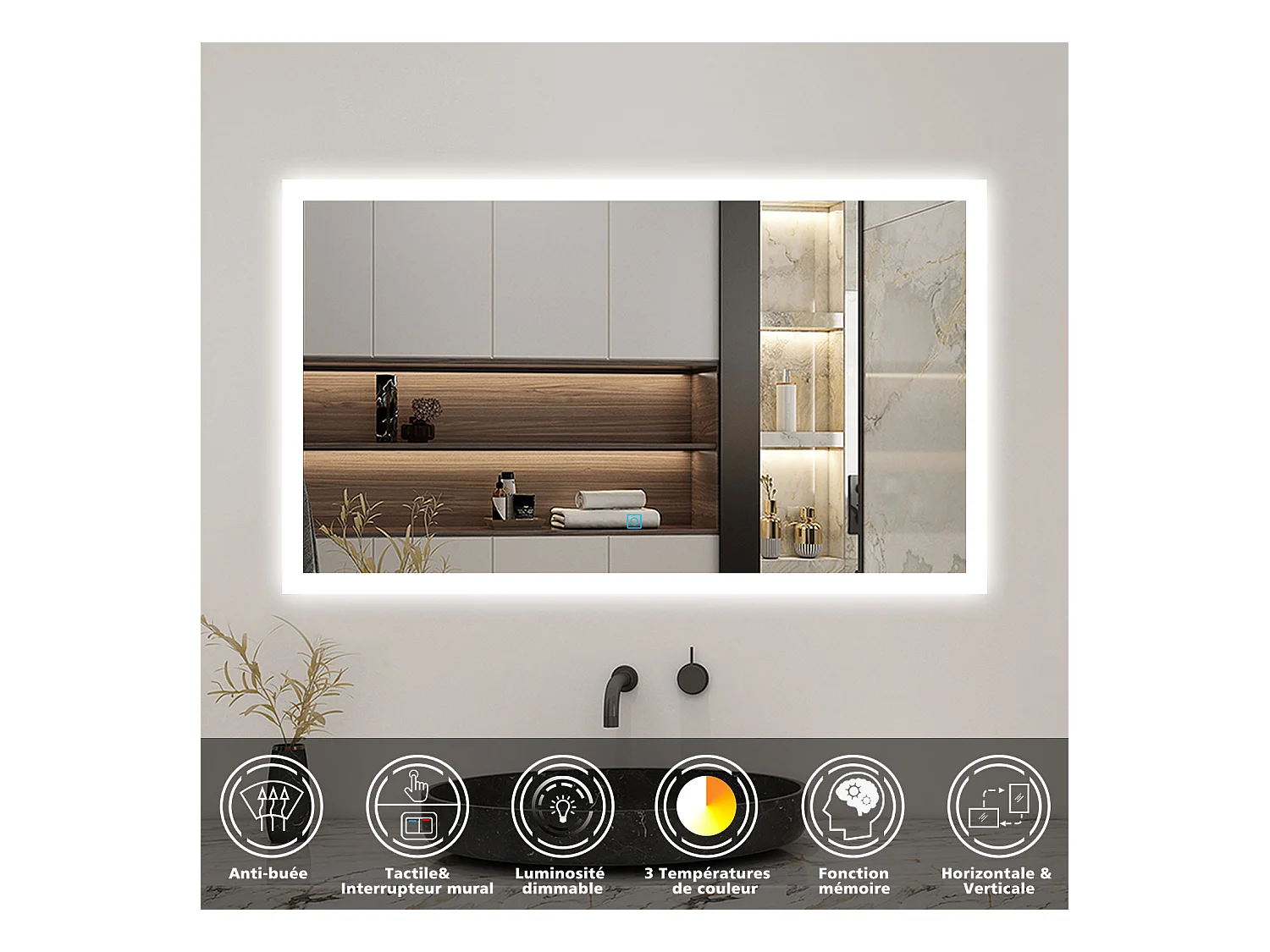 Miroir LED 120 x 70cm avec 3 Couleurs + Dimmable + Anti-buée, Mural Miroir salle de bain