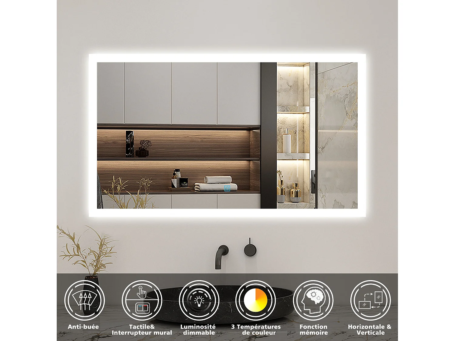 Miroir LED 120 x 70cm avec 3 Couleurs + Dimmable + Anti-buée, Mural Miroir salle de bain