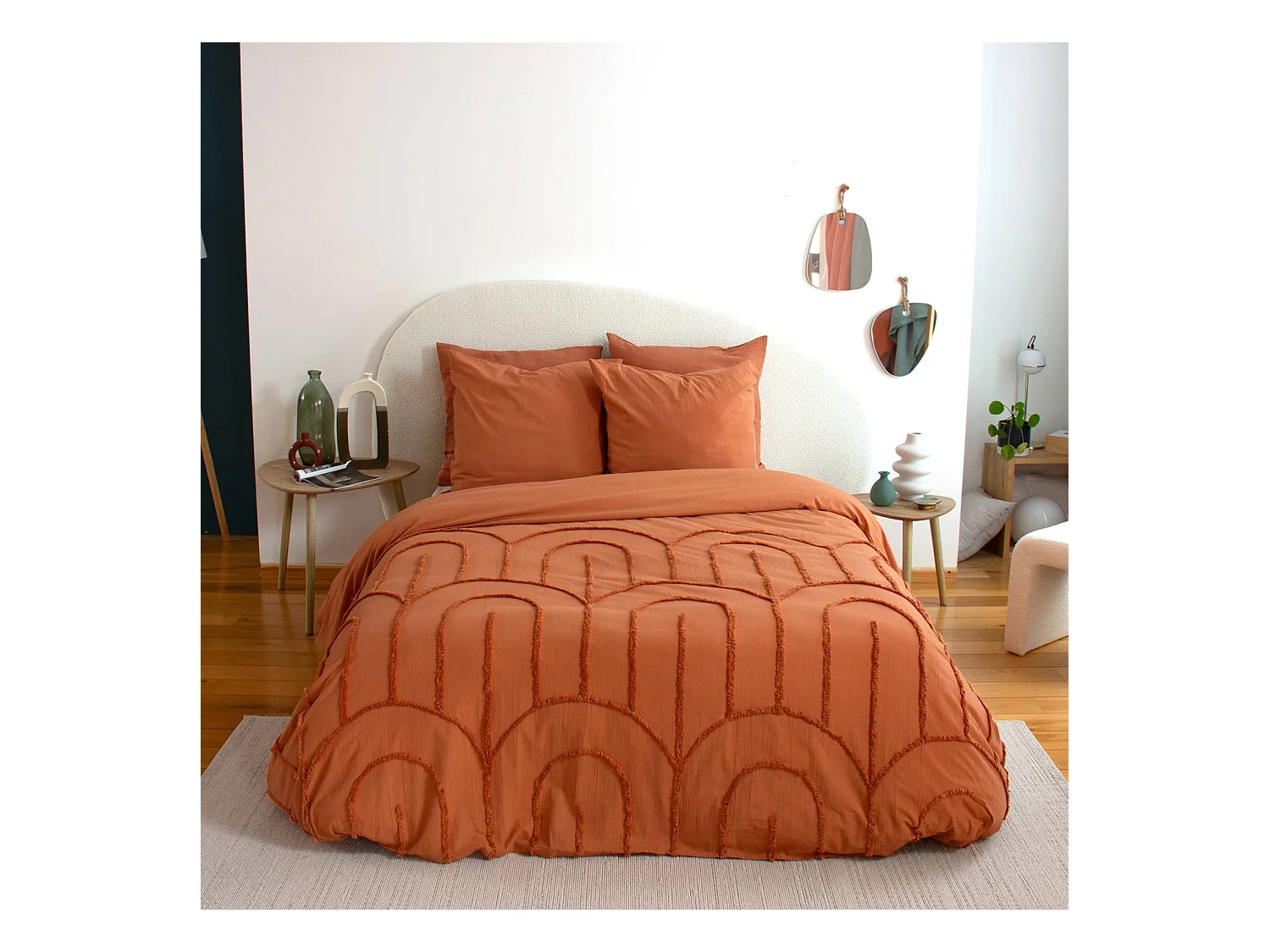 Parure de lit coton lavé tufté motifs arches rétro 2 places terracotta. 1 housse 260x240cm + 2 taies 63x63cm