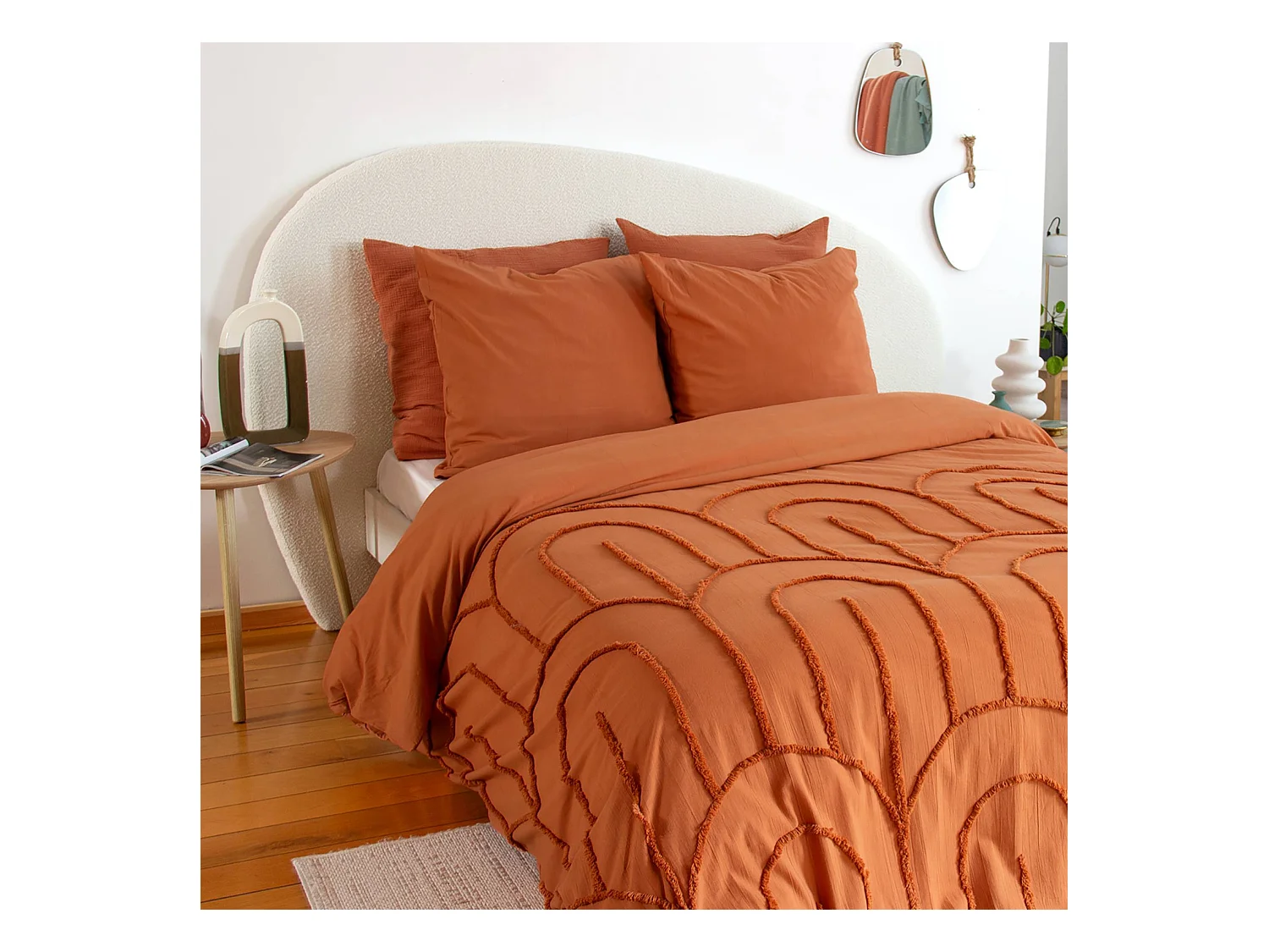 Parure de lit coton lavé tufté motifs arches rétro 2 places terracotta. 1 housse 260x240cm + 2 taies 63x63cm