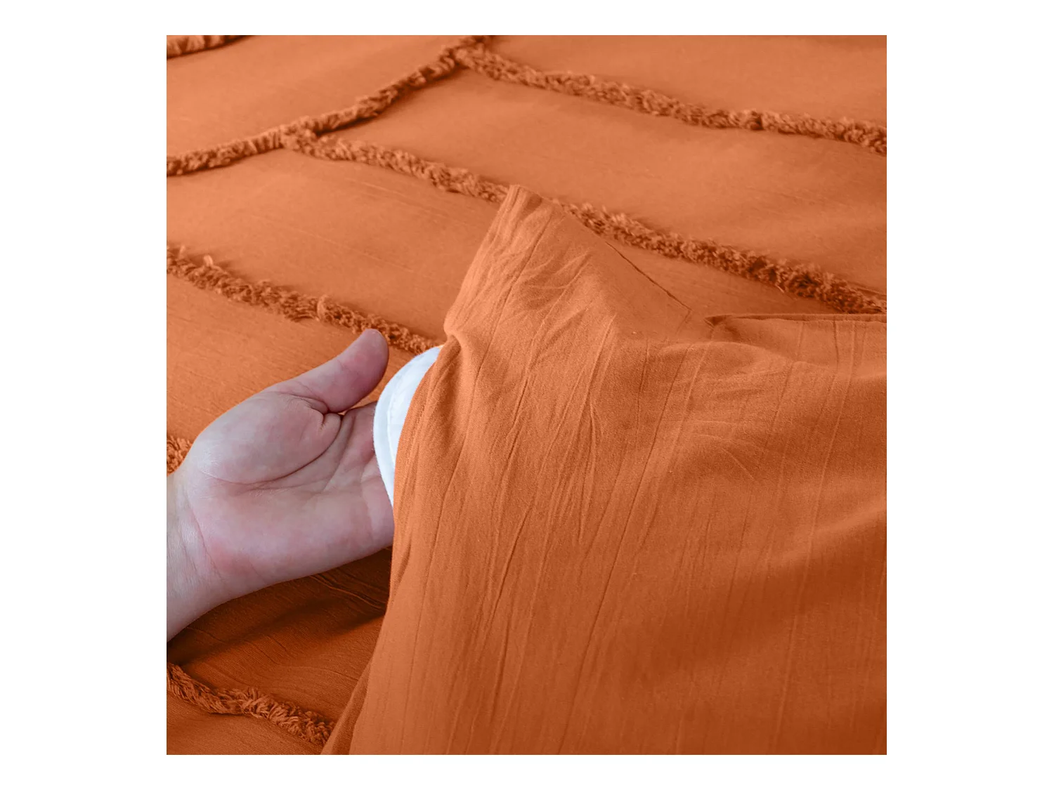 Parure de lit coton lavé tufté motifs arches rétro 2 places terracotta. 1 housse 260x240cm + 2 taies 63x63cm