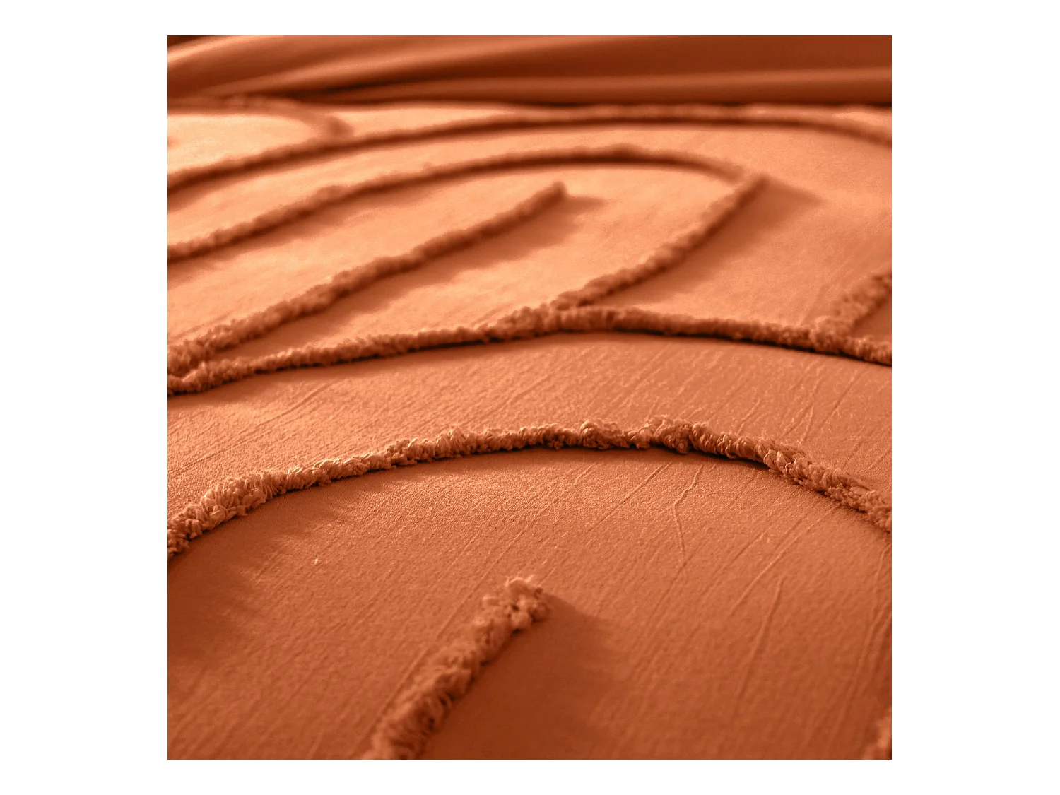 Parure de lit coton lavé tufté motifs arches rétro 2 places terracotta. 1 housse 260x240cm + 2 taies 63x63cm