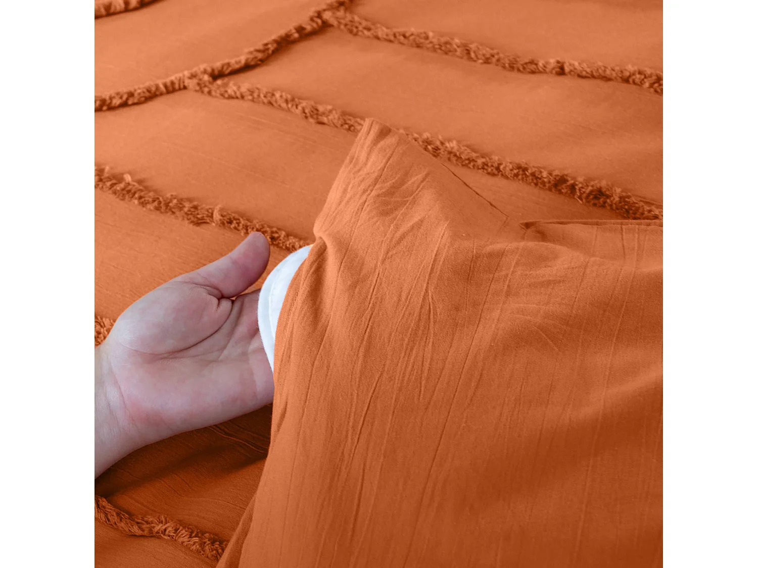 Parure de lit coton lavé tufté motifs arches rétro 2 places terracotta. 1 housse 260x240cm + 2 taies 63x63cm