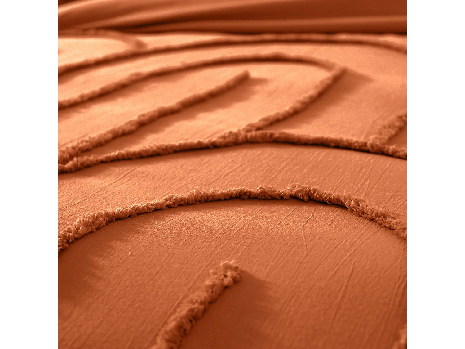 Parure de lit coton lavé tufté motifs arches rétro 2 places terracotta. 1 housse 260x240cm + 2 taies 63x63cm