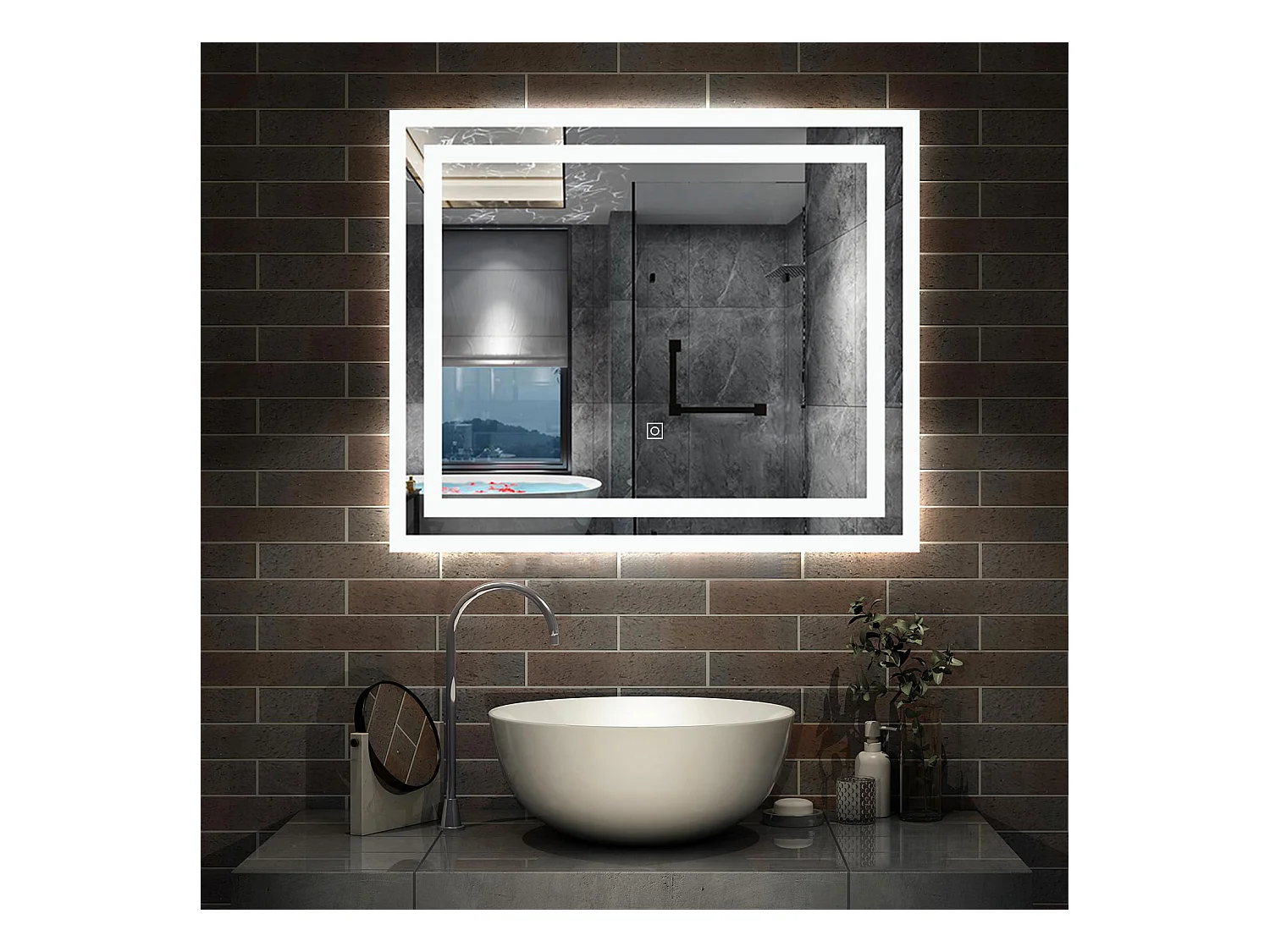 AICA Miroir LED 60x50cm avec éclairage intégré, Miroir de salle de bain avec anti-buée, Modèle double contour
