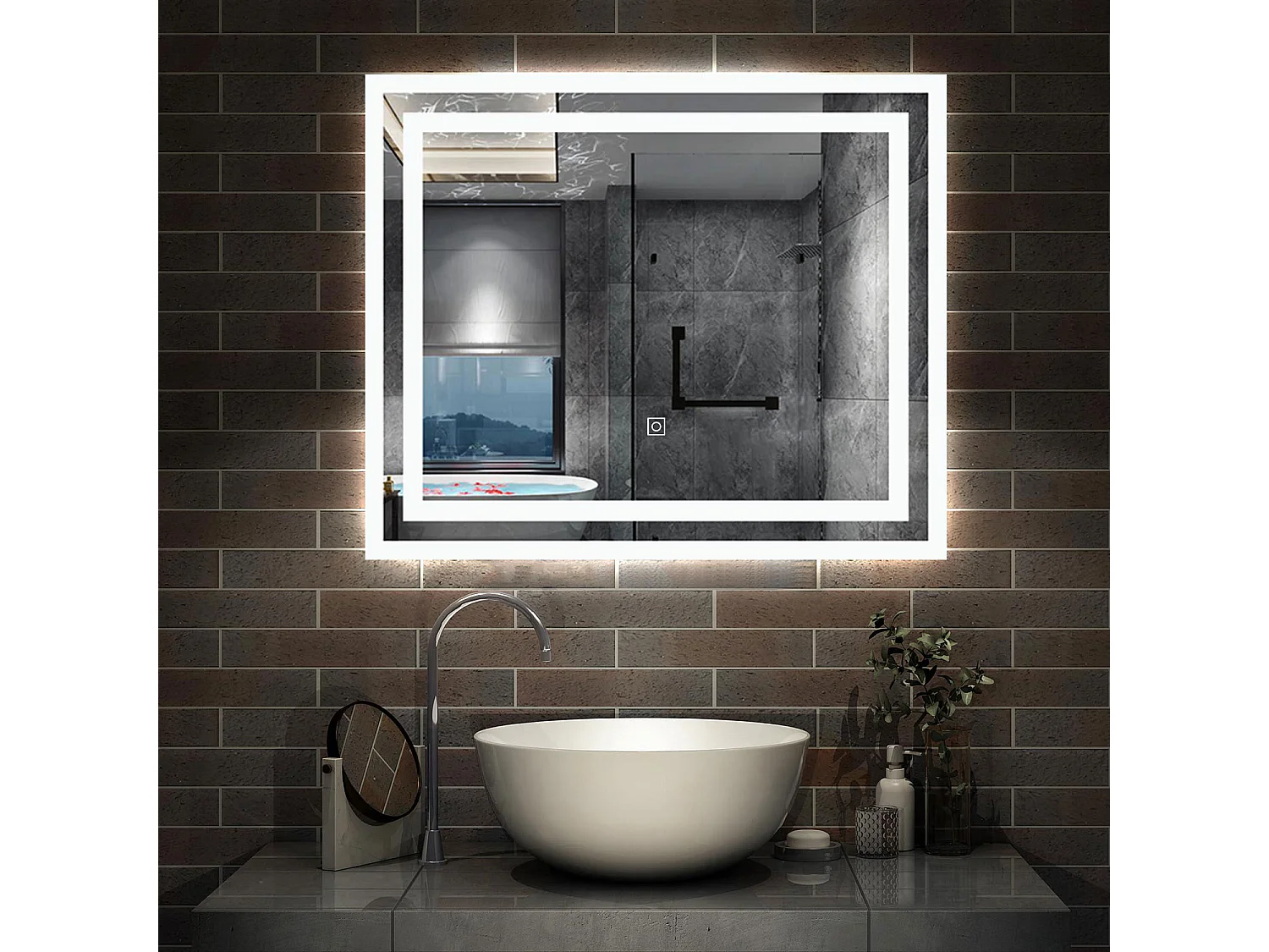 AICA Miroir LED 60x50cm avec éclairage intégré, Miroir de salle de bain avec anti-buée, Modèle double contour