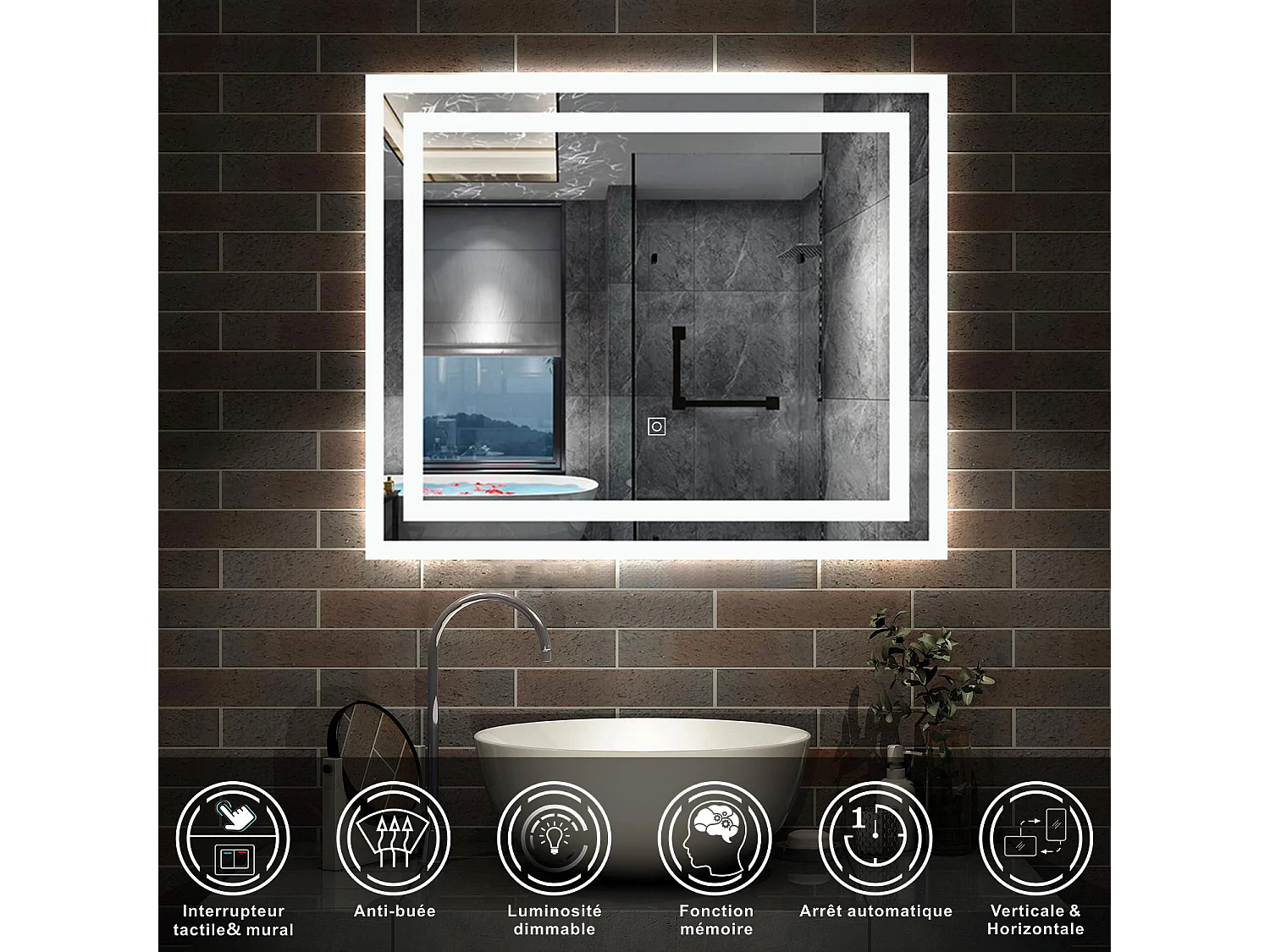 AICA Miroir LED 60x50cm avec éclairage intégré, Miroir de salle de bain avec anti-buée, Modèle double contour