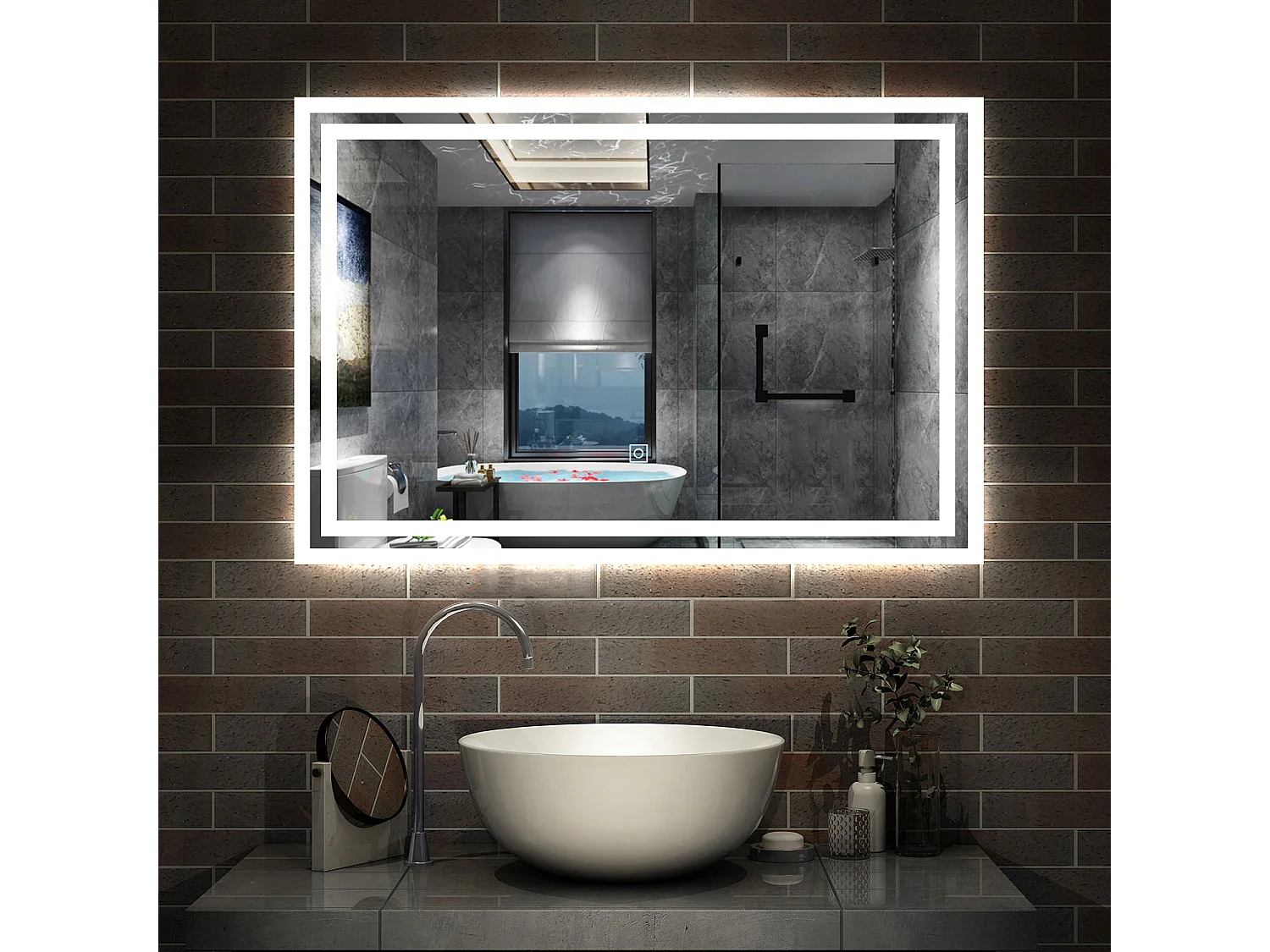 AICA Miroir LED 100x60cm avec éclairage intégré, Miroir de salle de bain avec anti-buée, Modèle double contour