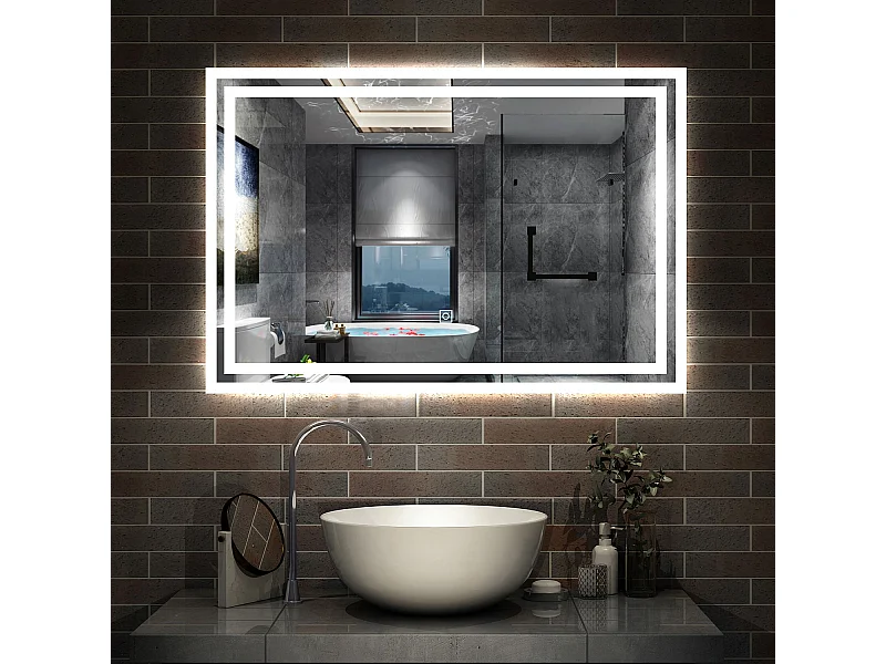 AICA Miroir LED 100x60cm avec éclairage intégré, Miroir de salle de bain avec anti-buée, Modèle double contour