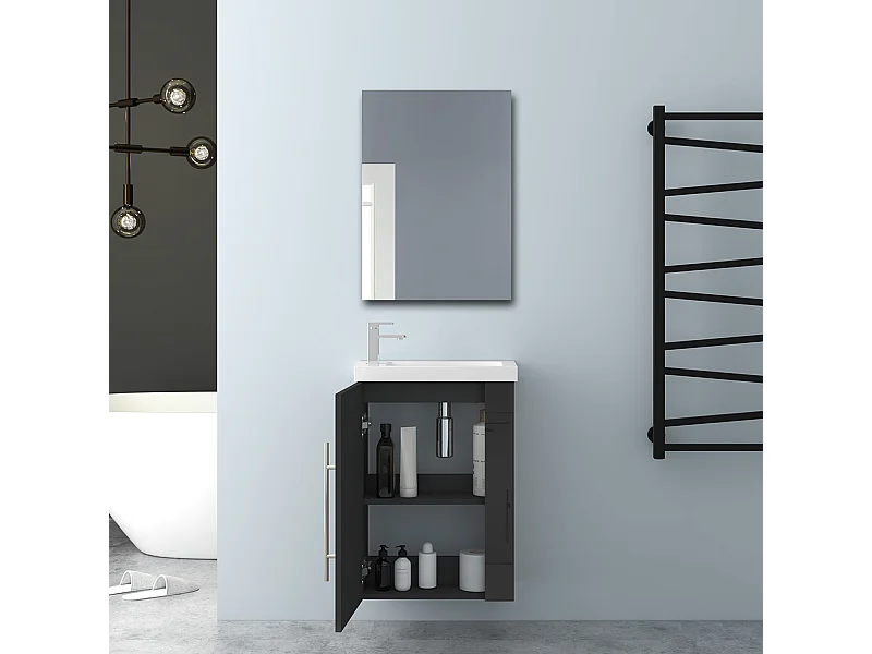 AICA Badmöbel 45cm Mineralguss Waschtisch mit Unterschrank - Hochglanz Schwarz Hängeschrank