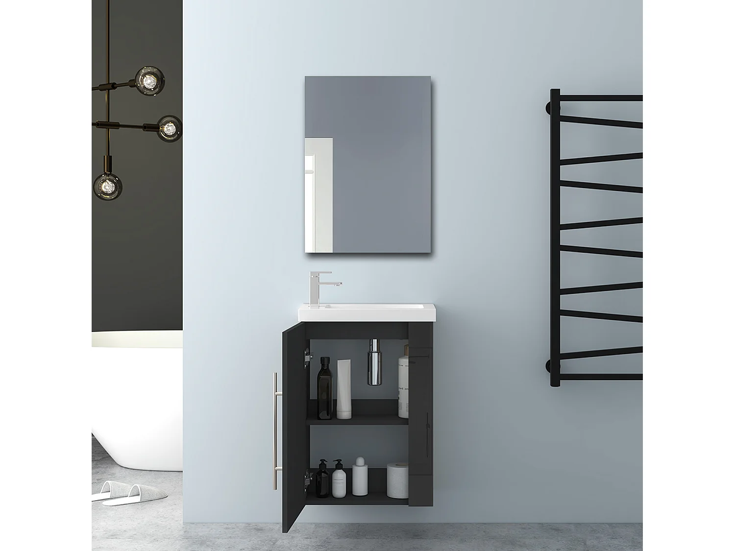 AICA Badmöbel 45cm Mineralguss Waschtisch mit Unterschrank - Hochglanz Schwarz Hängeschrank