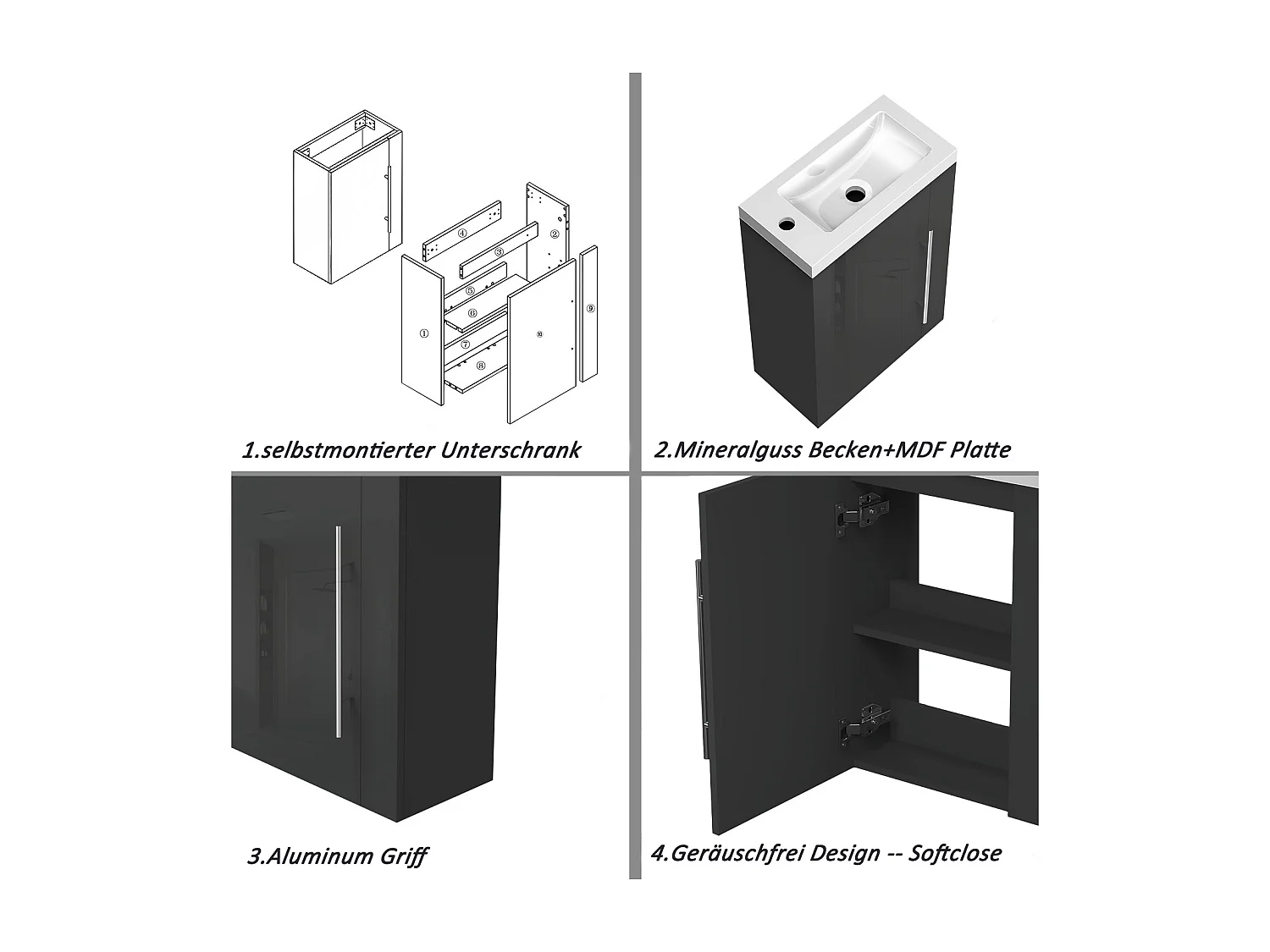 AICA Badmöbel 45cm Mineralguss Waschtisch mit Unterschrank - Hochglanz Schwarz Hängeschrank
