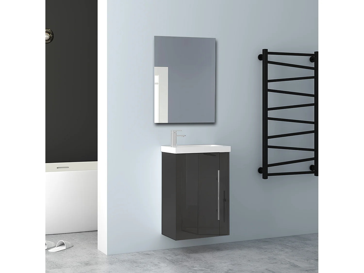 AICA Badmöbel 45cm Mineralguss Waschtisch mit Unterschrank - Hochglanz Schwarz Hängeschrank