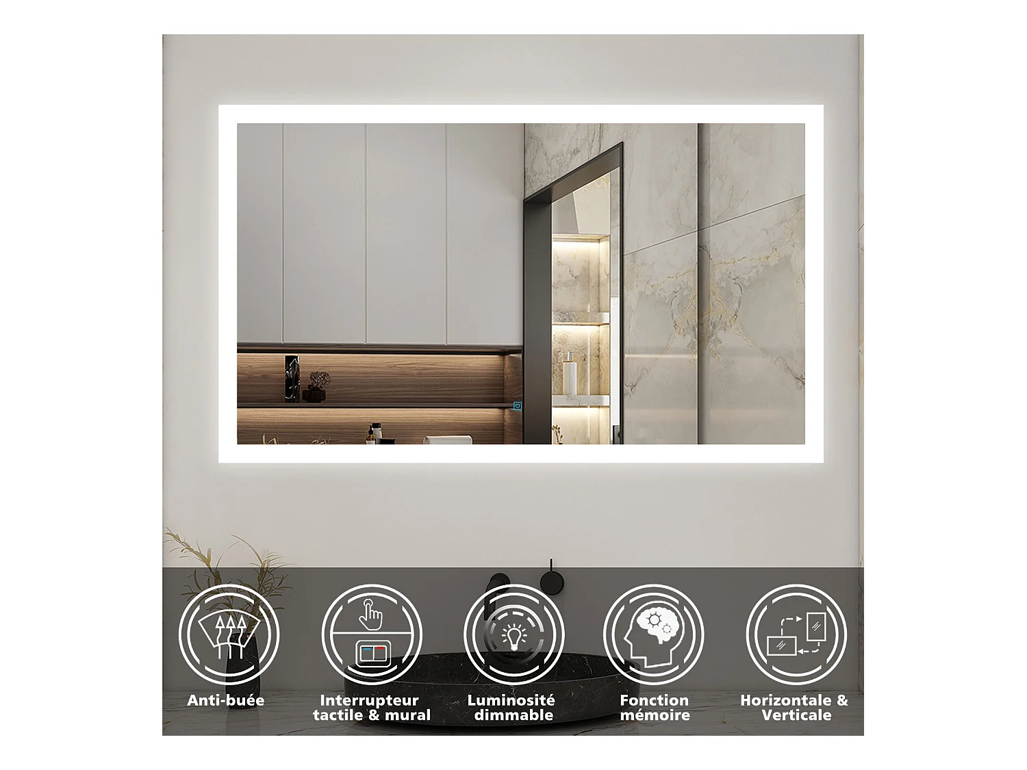 AICA Miroir LED 120x70cm avec éclairage intégré avec anti-buée, Modèle soleil