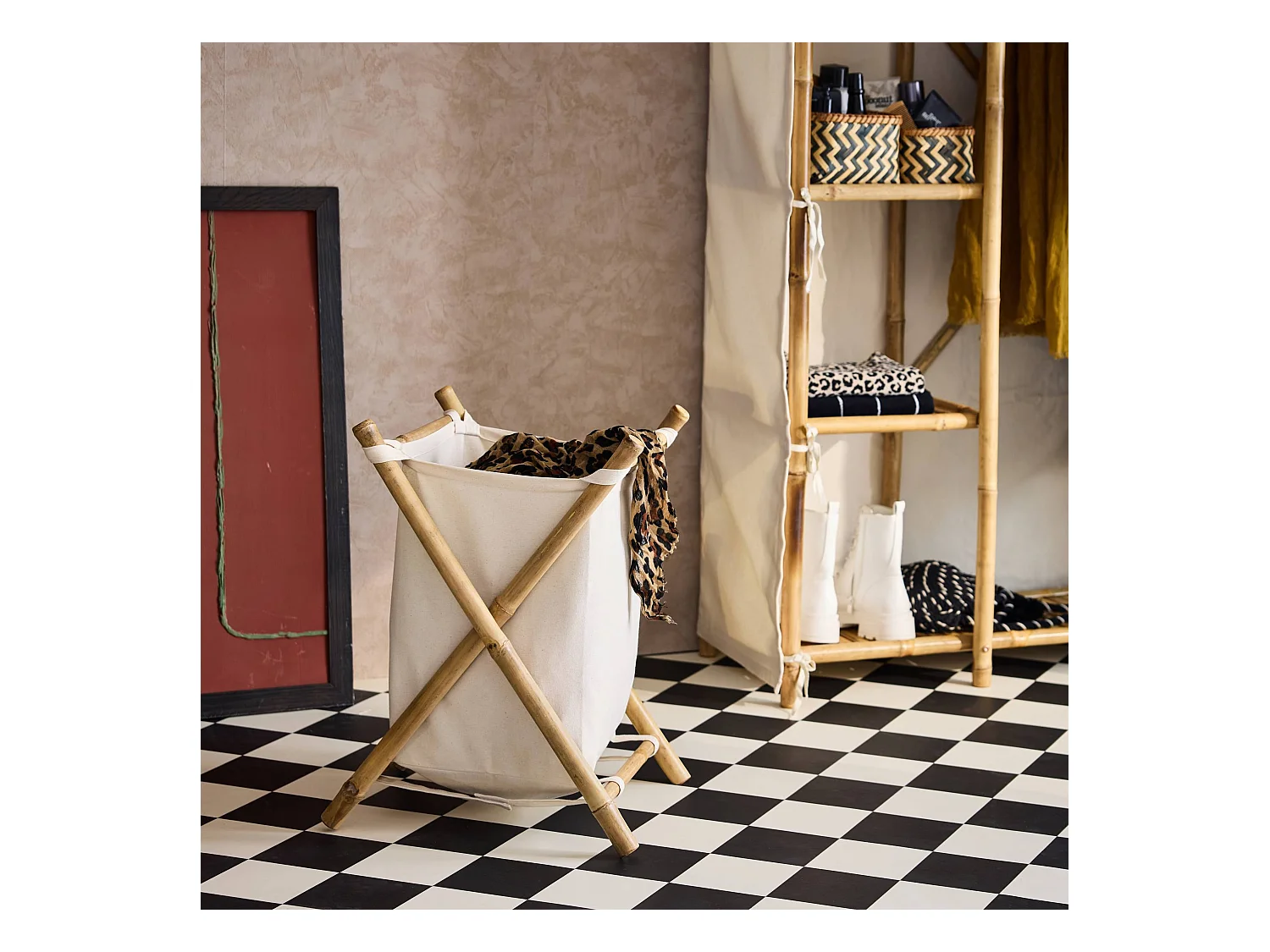 Cesto plegable de bambú y tela para la colada natural