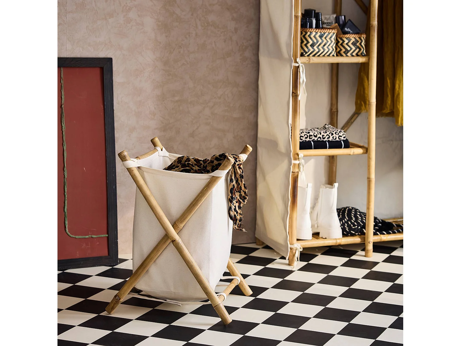 Cesto plegable de bambú y tela para la colada natural