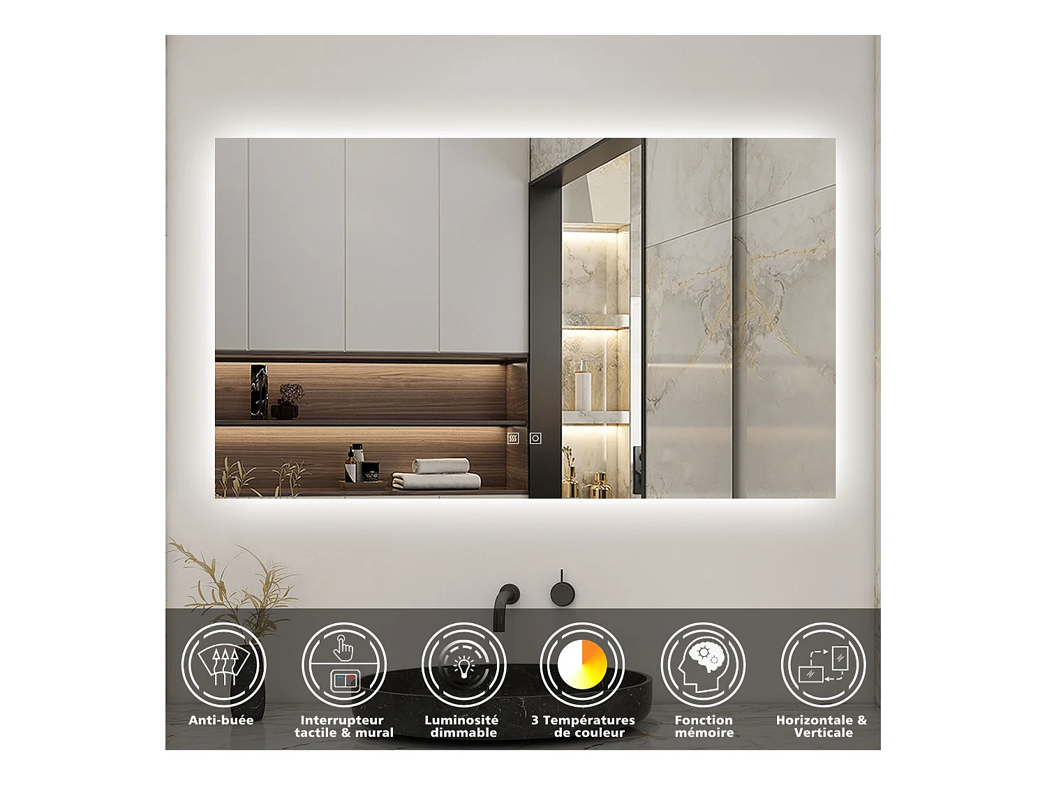 Miroir LED 100x60cm avec Anti-buée + 3 Couleurs + Dimmable, Mural Miroir salle de bain
