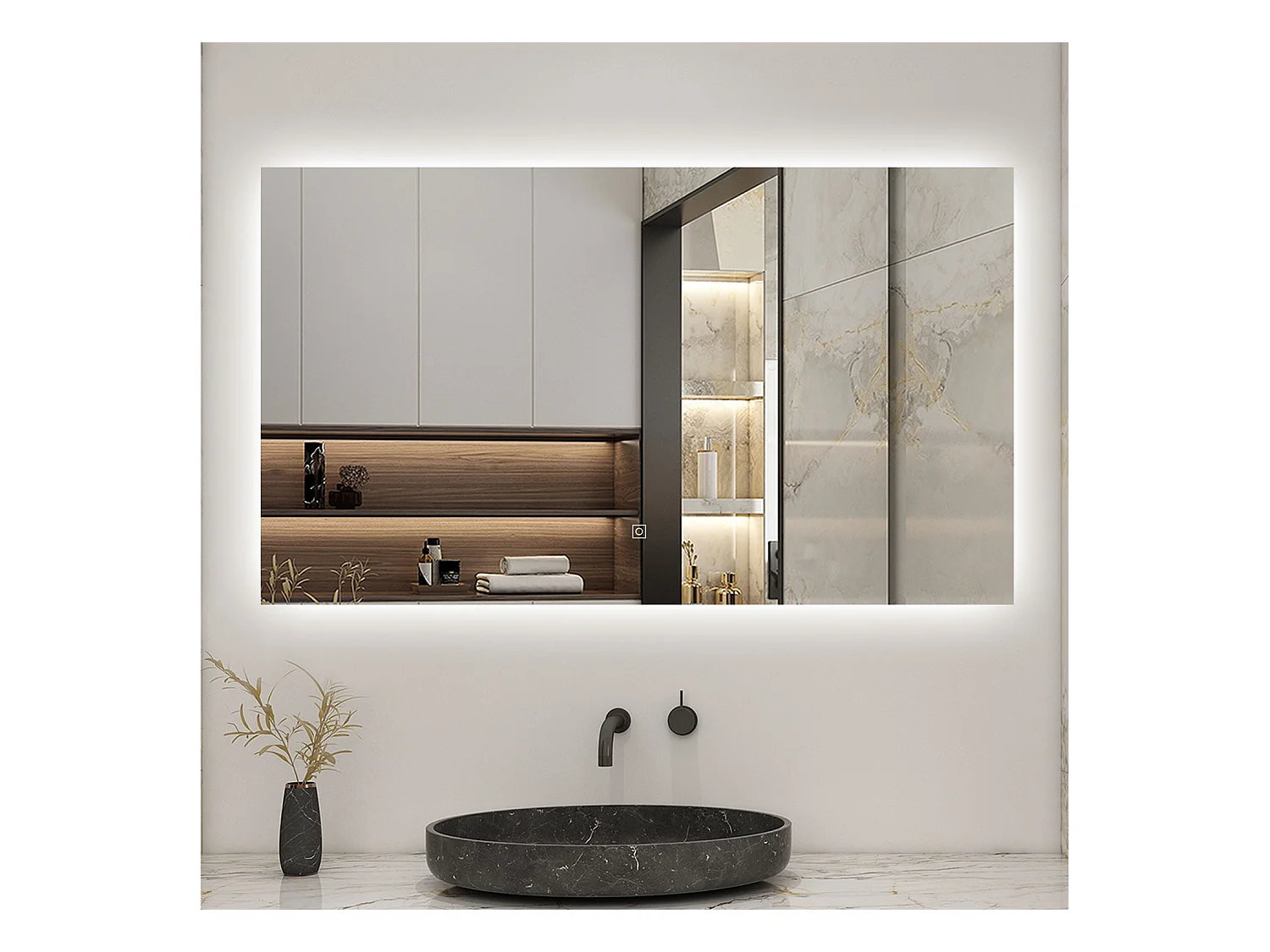 Miroir LED 100x60cm avec Anti-buée + Dimmable, Mural Miroir salle de bain