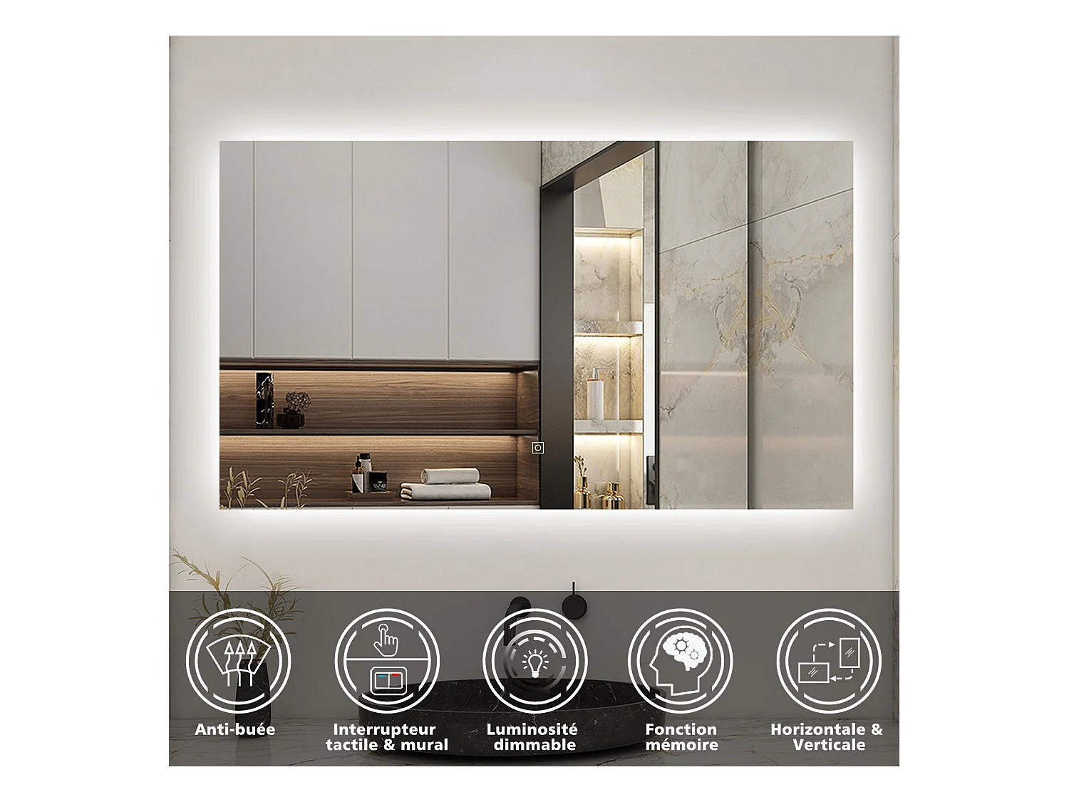 Miroir LED 100x60cm avec Anti-buée + Dimmable, Mural Miroir salle de bain
