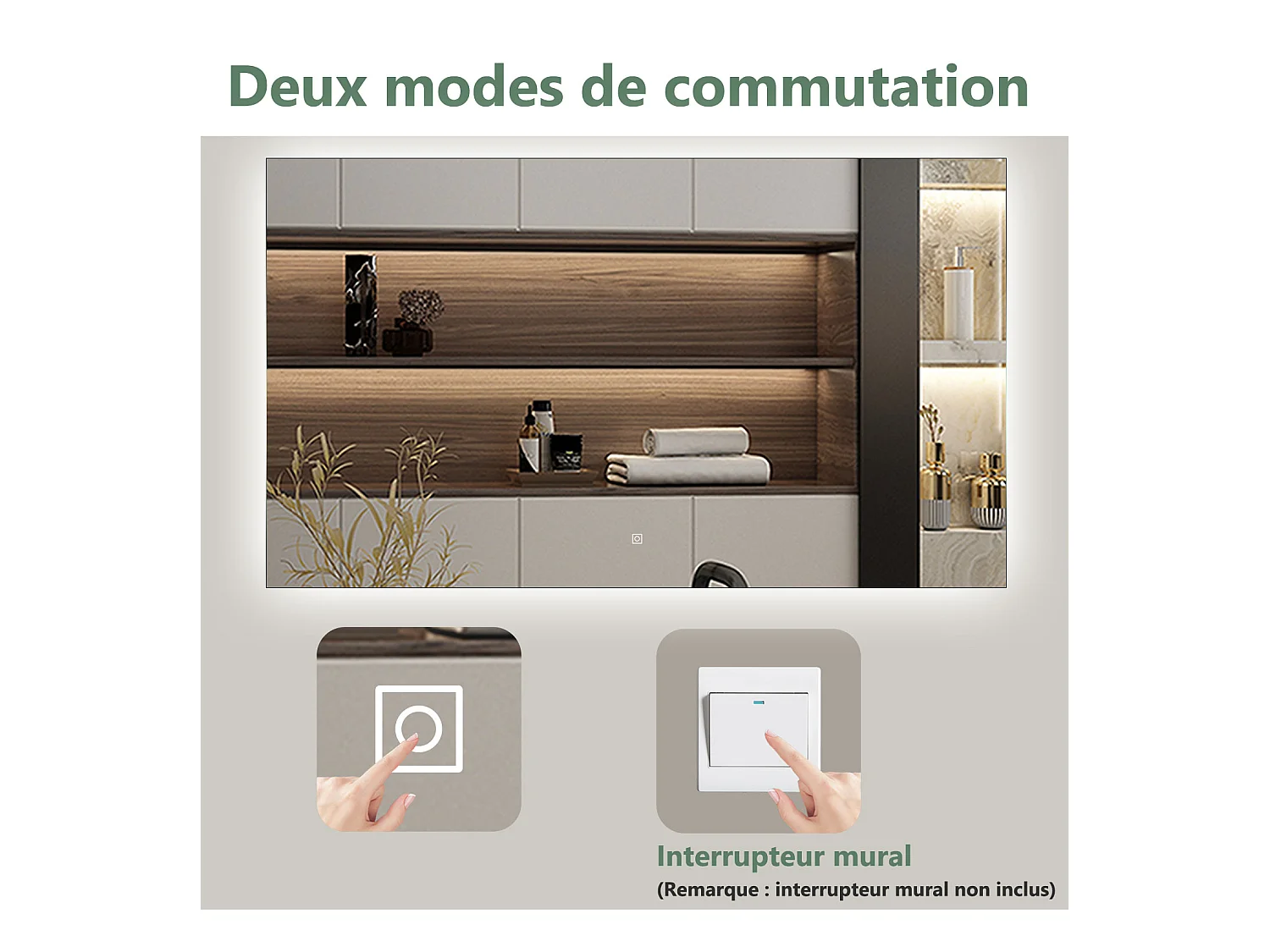 Miroir LED 100x60cm avec Anti-buée + Dimmable, Mural Miroir salle de bain