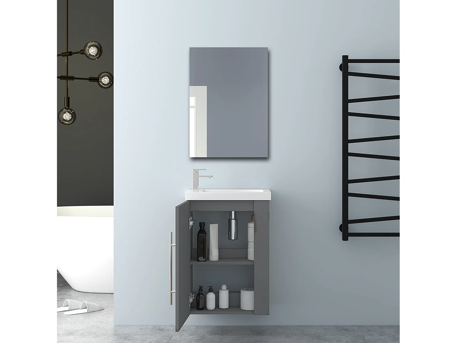 AICA Badmöbel 45cm Mineralguss Waschtisch mit Unterschrank - Matt Dunkelgrau Hängeschrank